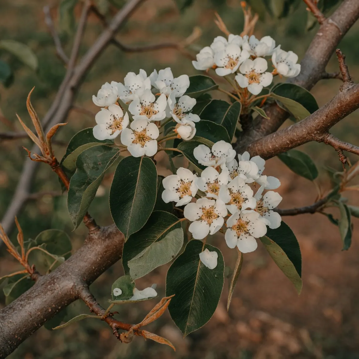 A branch of an ornamental pear tree displaying white spring blossoms and dark green leaves.