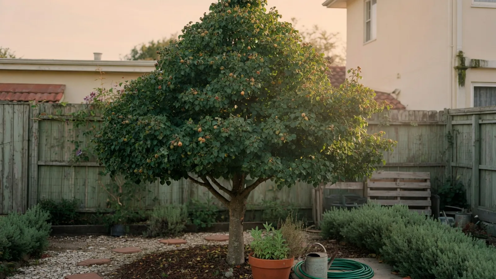 A mature ornamental pear tree standing in a landscaped garden with a conical crown and dense dark foliage.