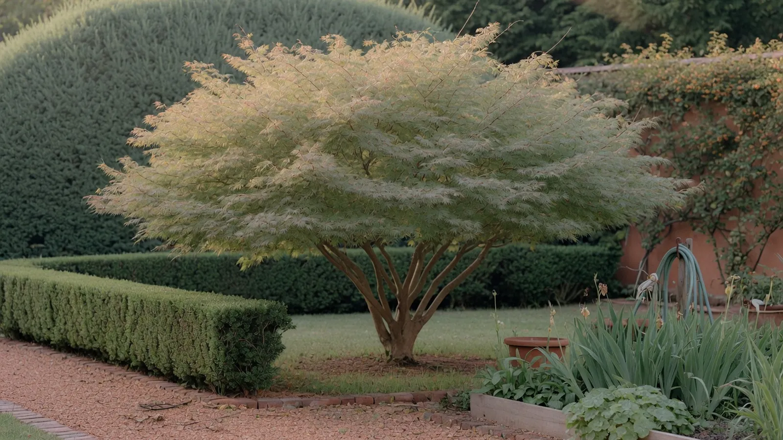 A graceful ornamental tree with a spreading canopy standing in a well-maintained garden landscape.