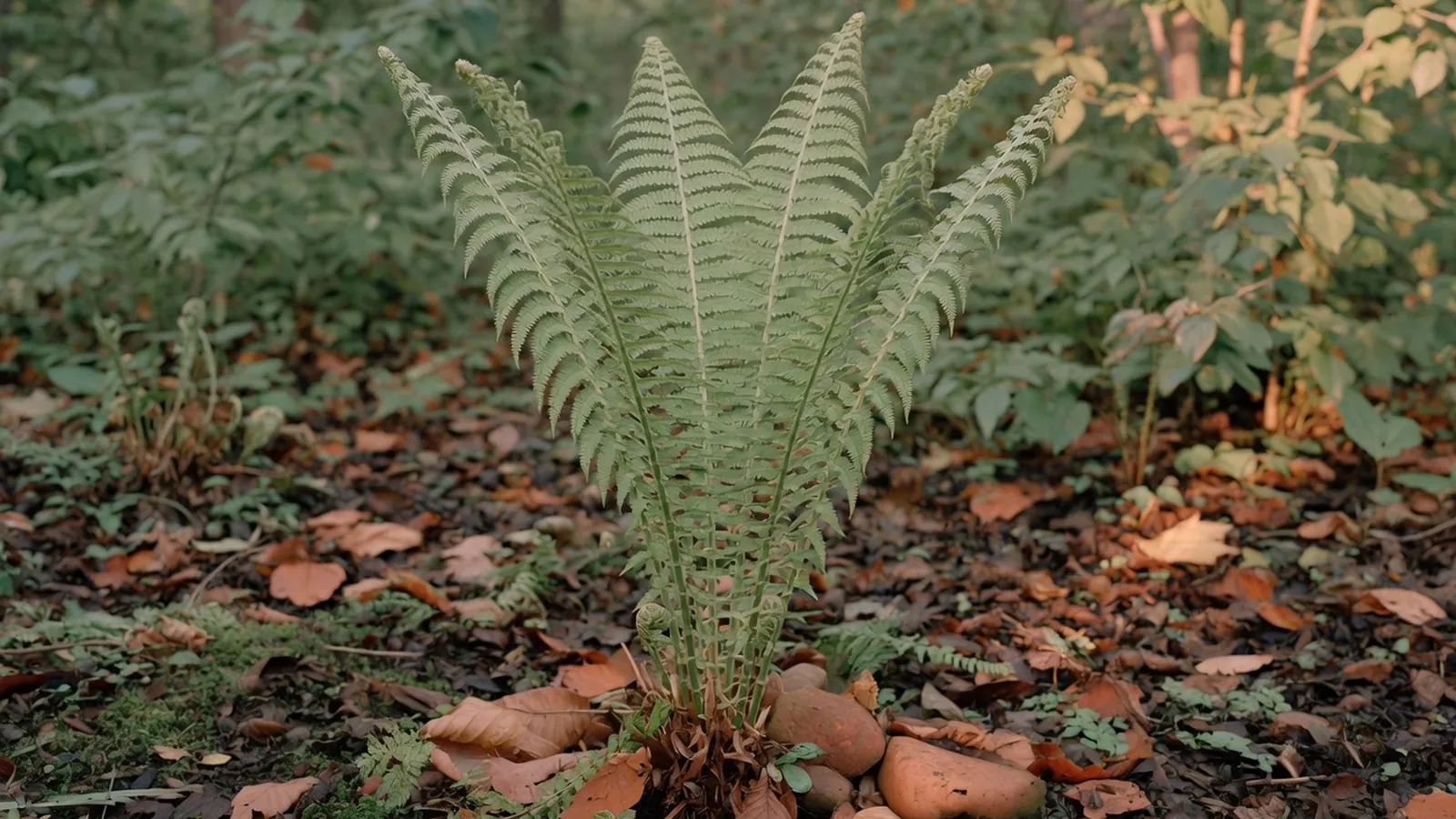 Tall feathery ostrich fern fronds rising from a moist woodland floor.