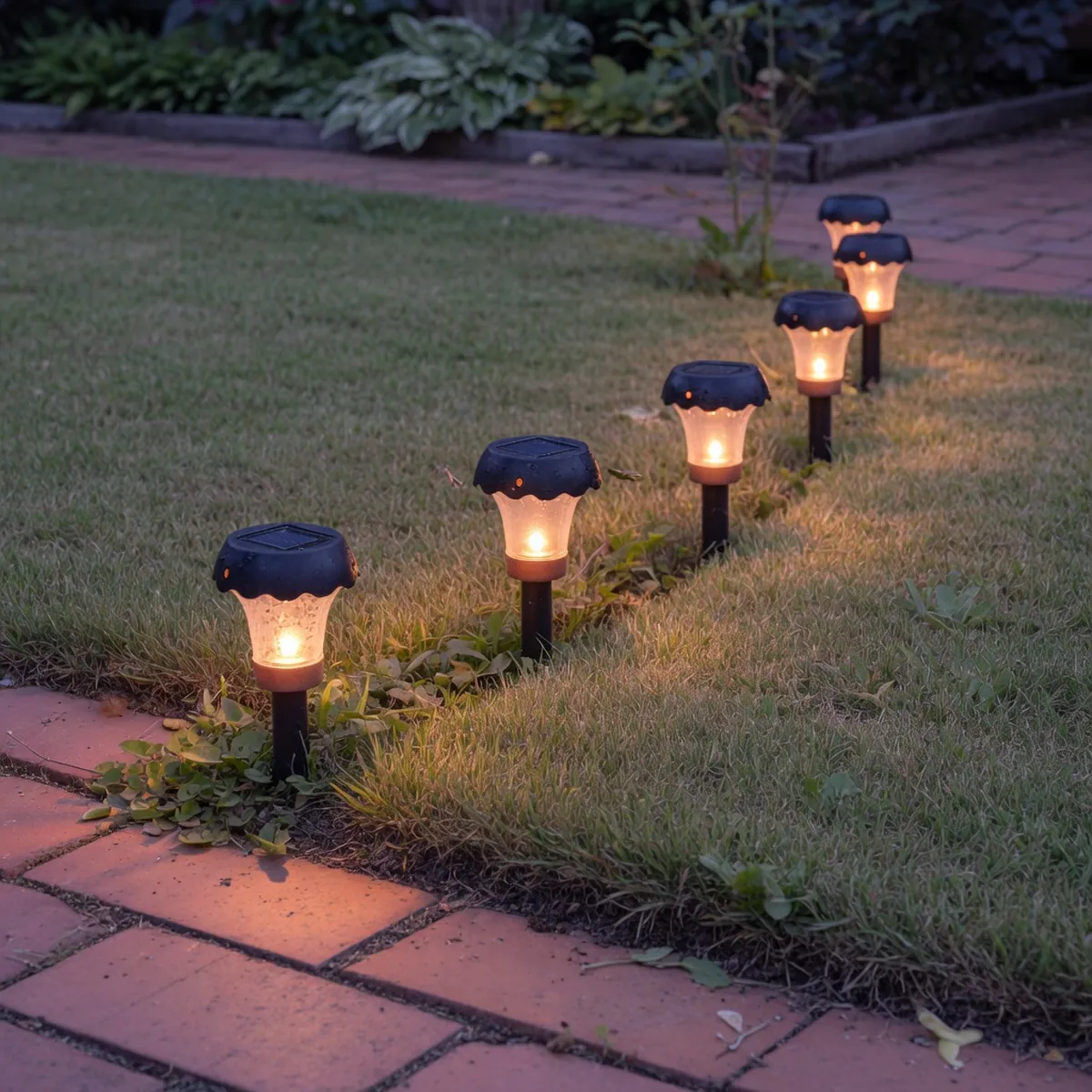 A row of small solar-powered garden lights glowing softly along a grassy lawn edge.