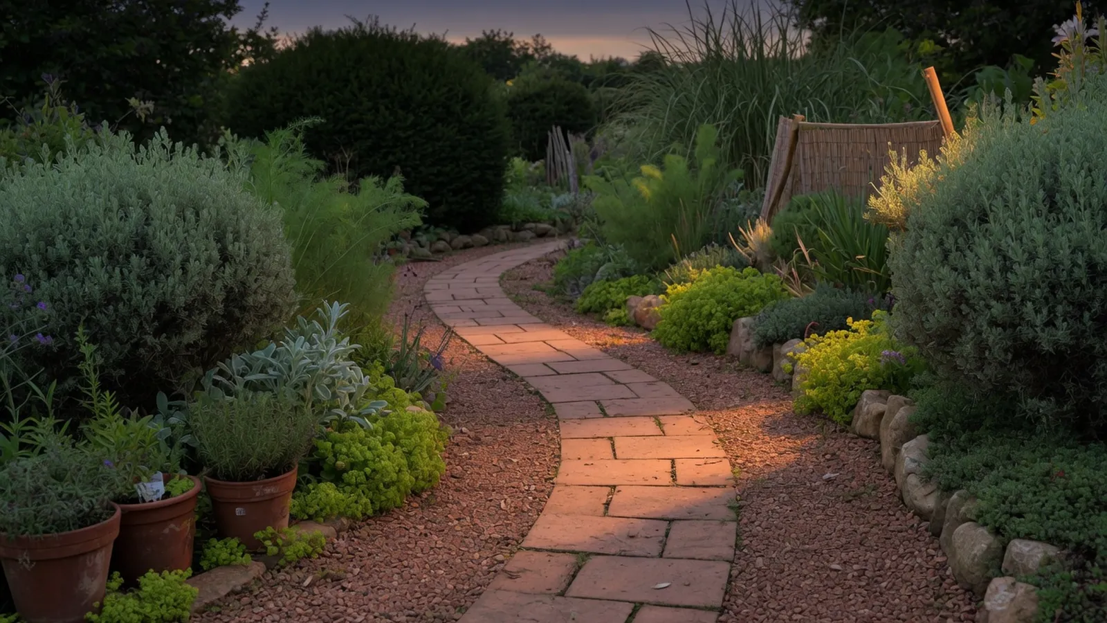 A gently illuminated garden pathway winding through lush foliage under a dark sky.