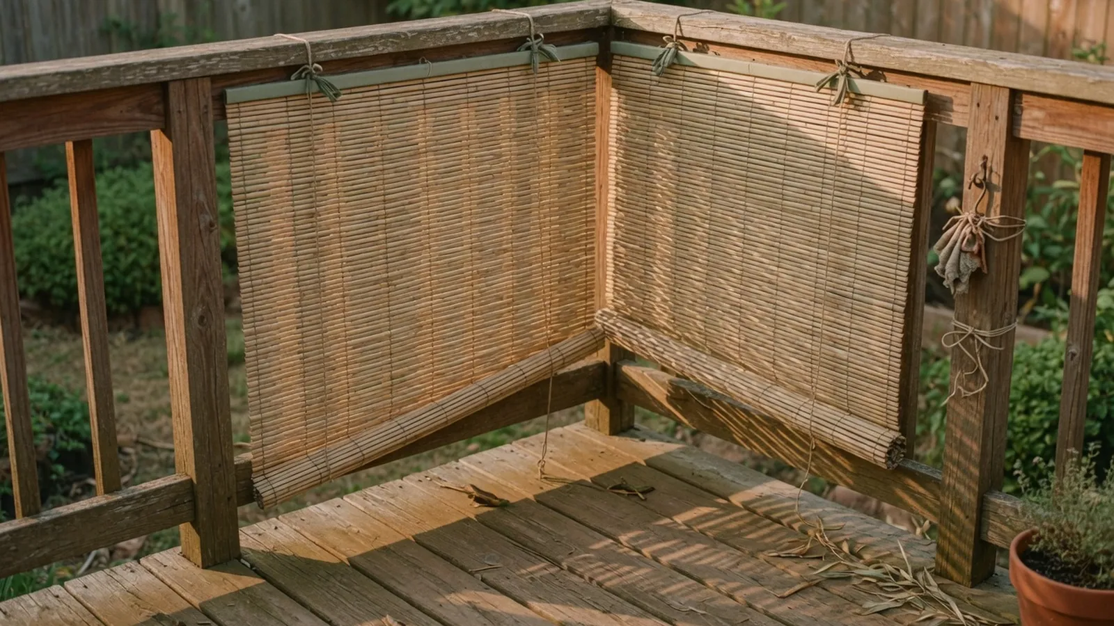 Natural bamboo blinds partially drawn over a wooden deck railing with sunlight filtering through.