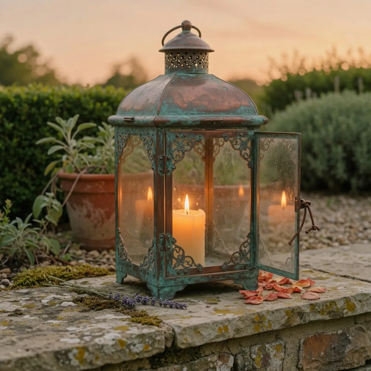 A copper lantern with a hinged glass door glowing with candlelight on a stone patio.