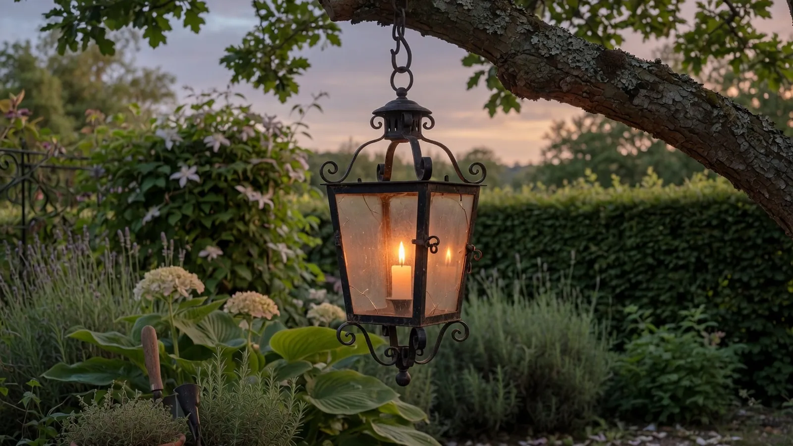 A wrought-iron lantern hanging from a tree branch in a twilight garden.