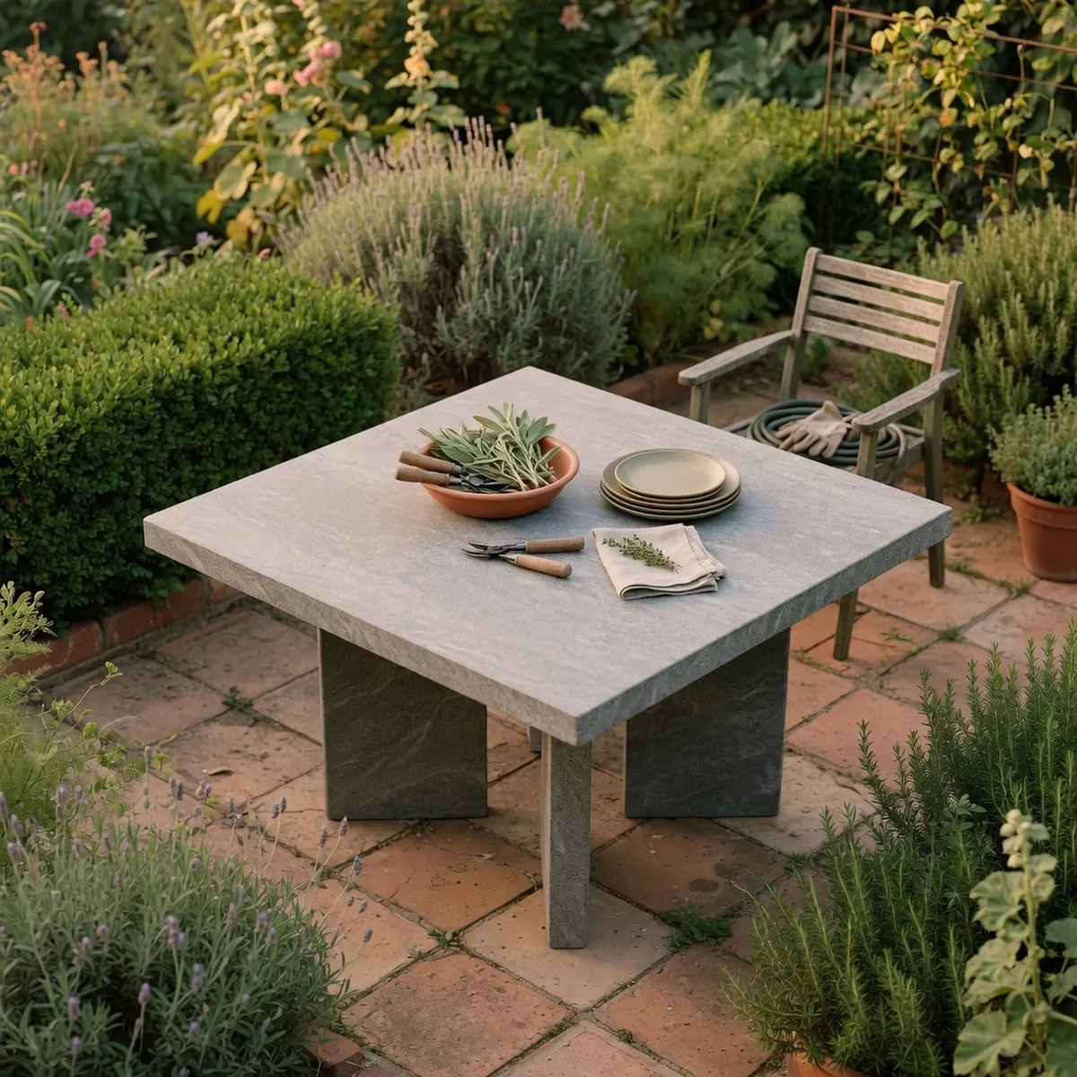 A smooth grey stone dining table set on a paved patio surrounded by green garden foliage.