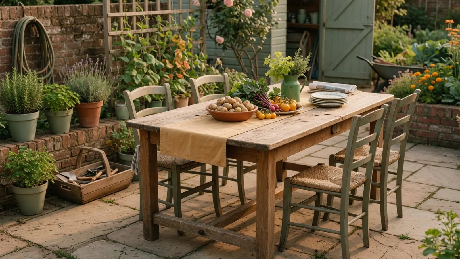 A sturdy wooden dining table accompanied by matching chairs arranged on a sunlit garden patio.