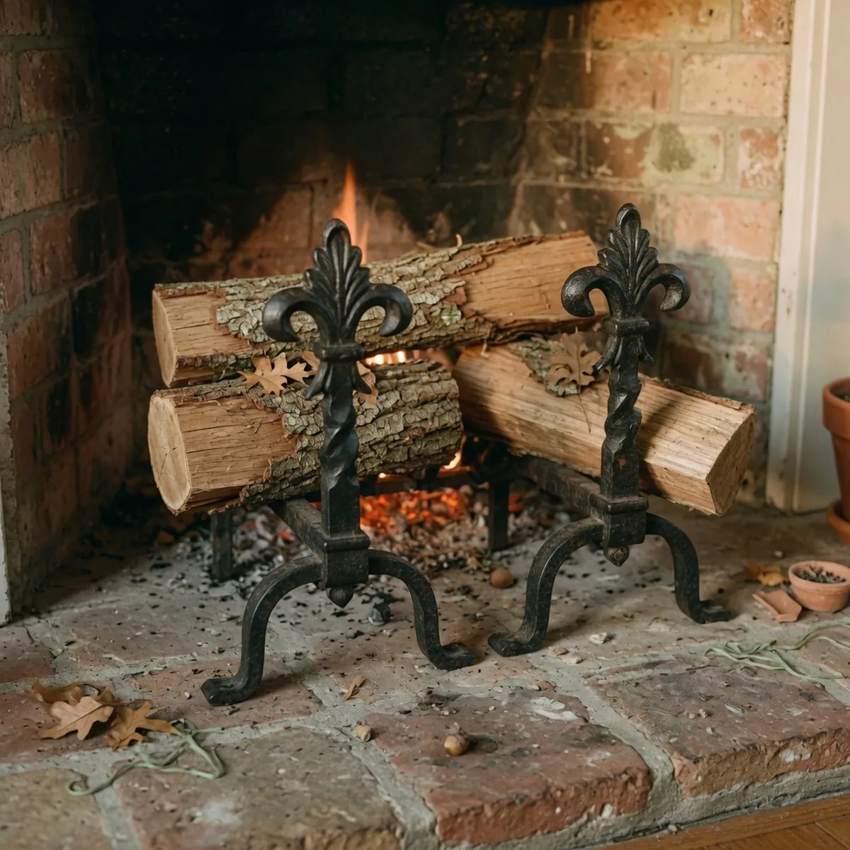 A pair of wrought-iron andirons resting on a stone hearth supporting seasoned logs.
