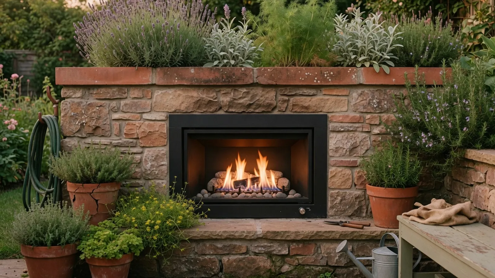 A modern outdoor gas fireplace built into a stone patio wall surrounded by greenery.