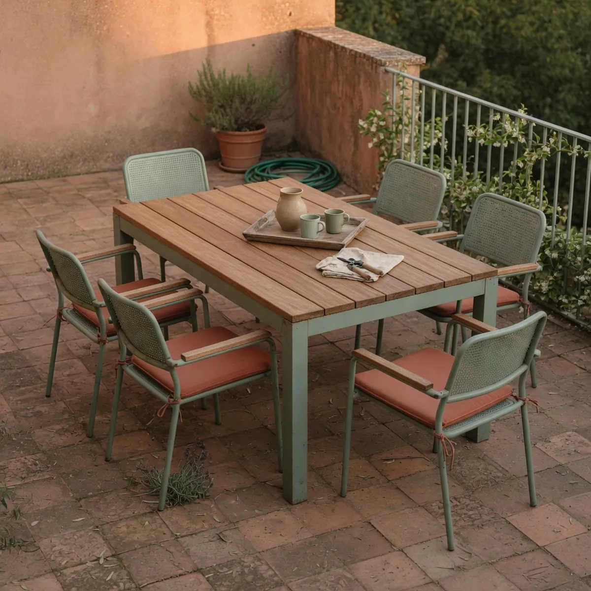 A durable outdoor dining set with a table and four chairs placed on a paved terrace.