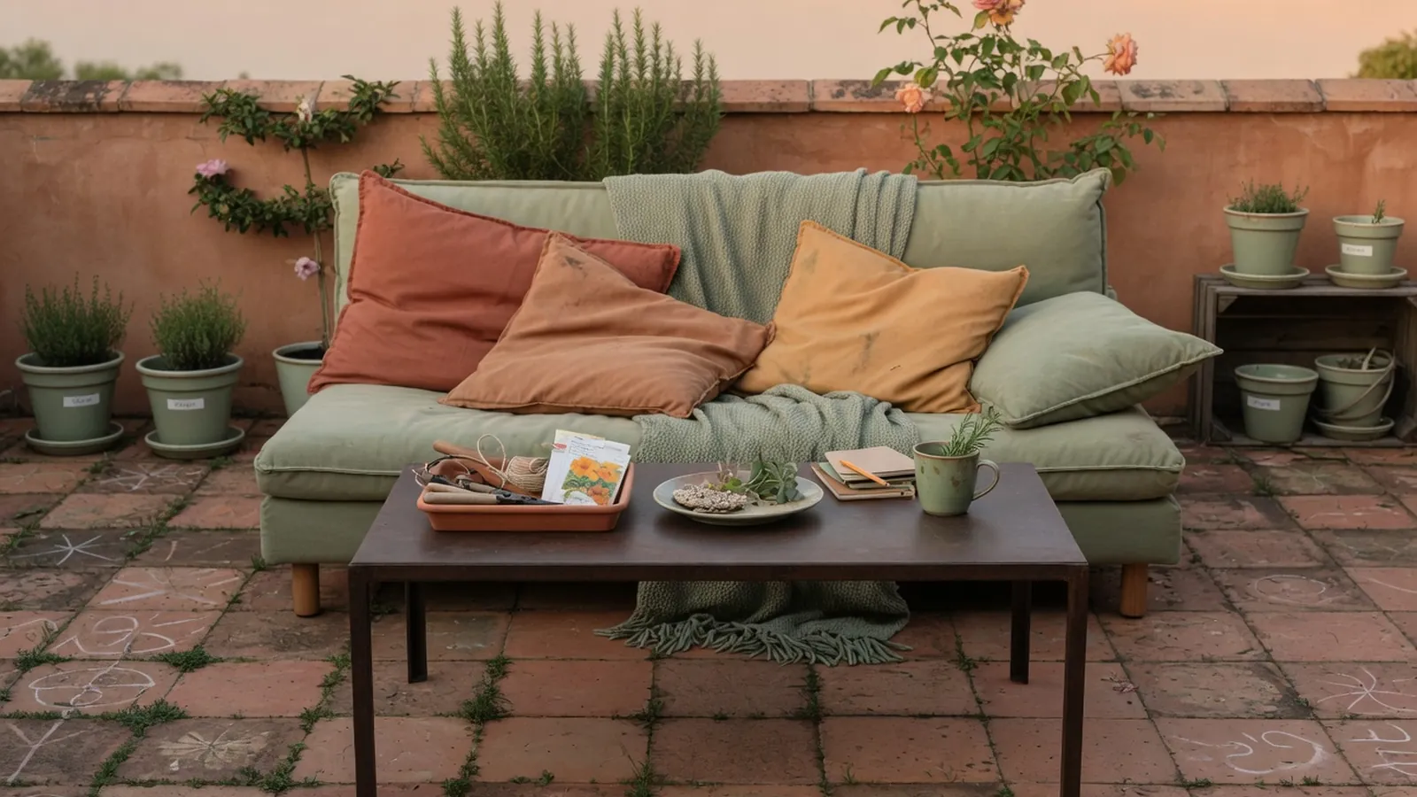 A comfortable outdoor lounge setup with a cushioned couch and a center table on a terrace.