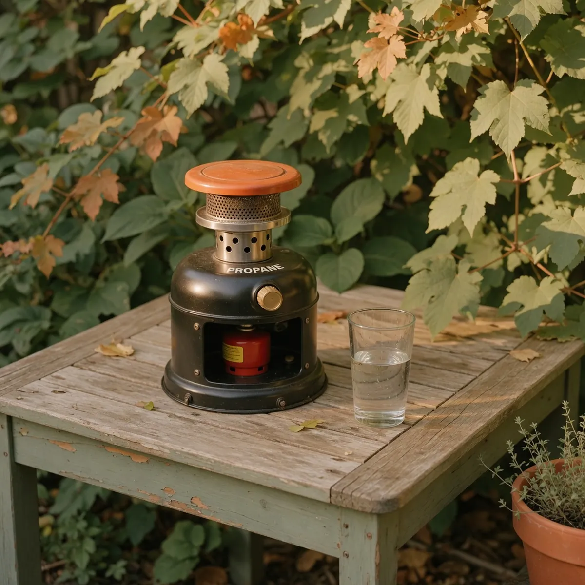 A tabletop propane patio heater sitting on a wooden garden table next to a glass of water.