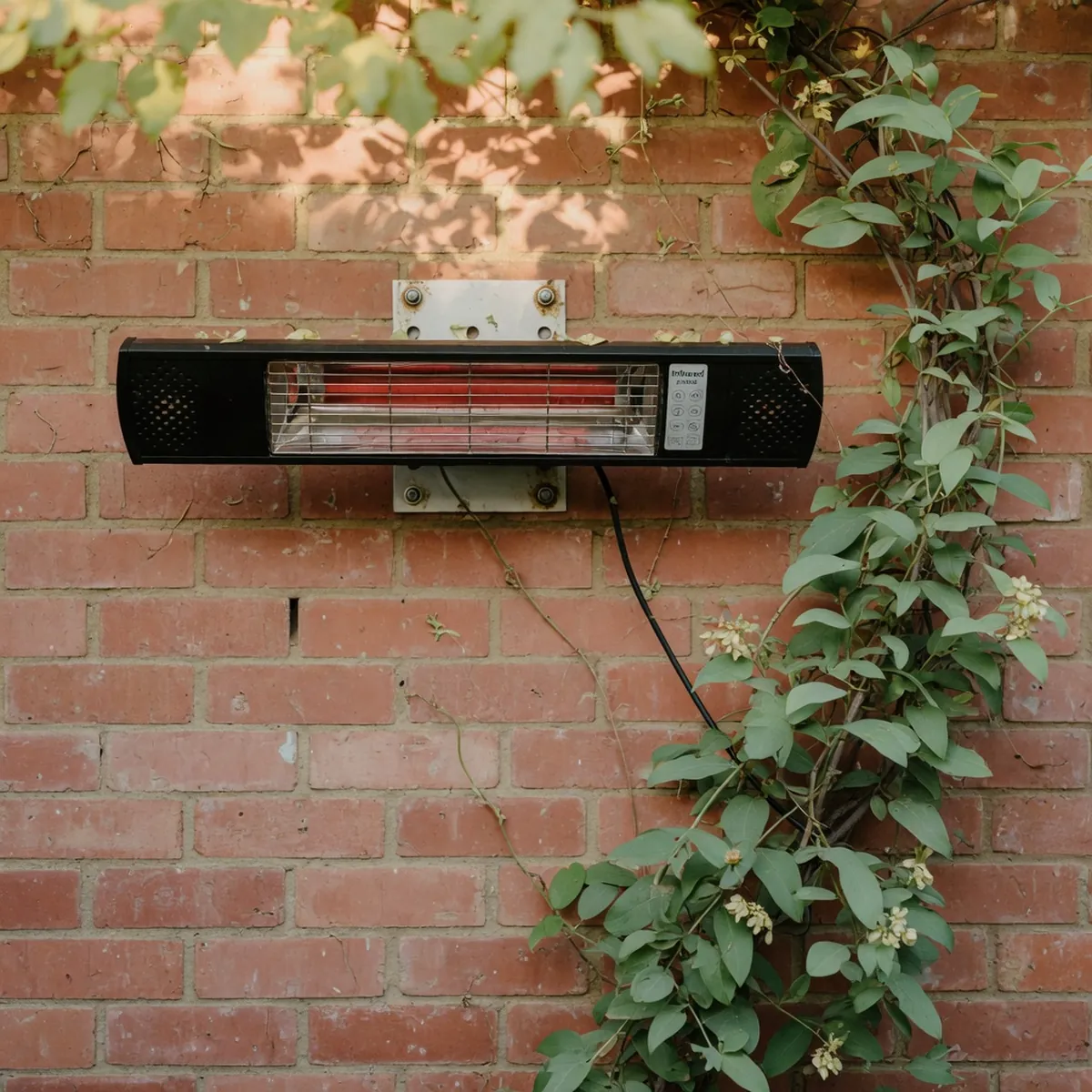 A sleek electric infrared patio heater mounted on a brick wall beside a climbing vine.