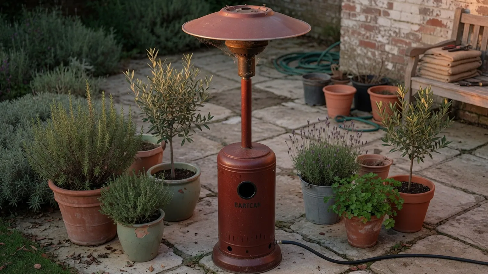 A freestanding outdoor patio heater standing on a stone patio surrounded by potted plants.
