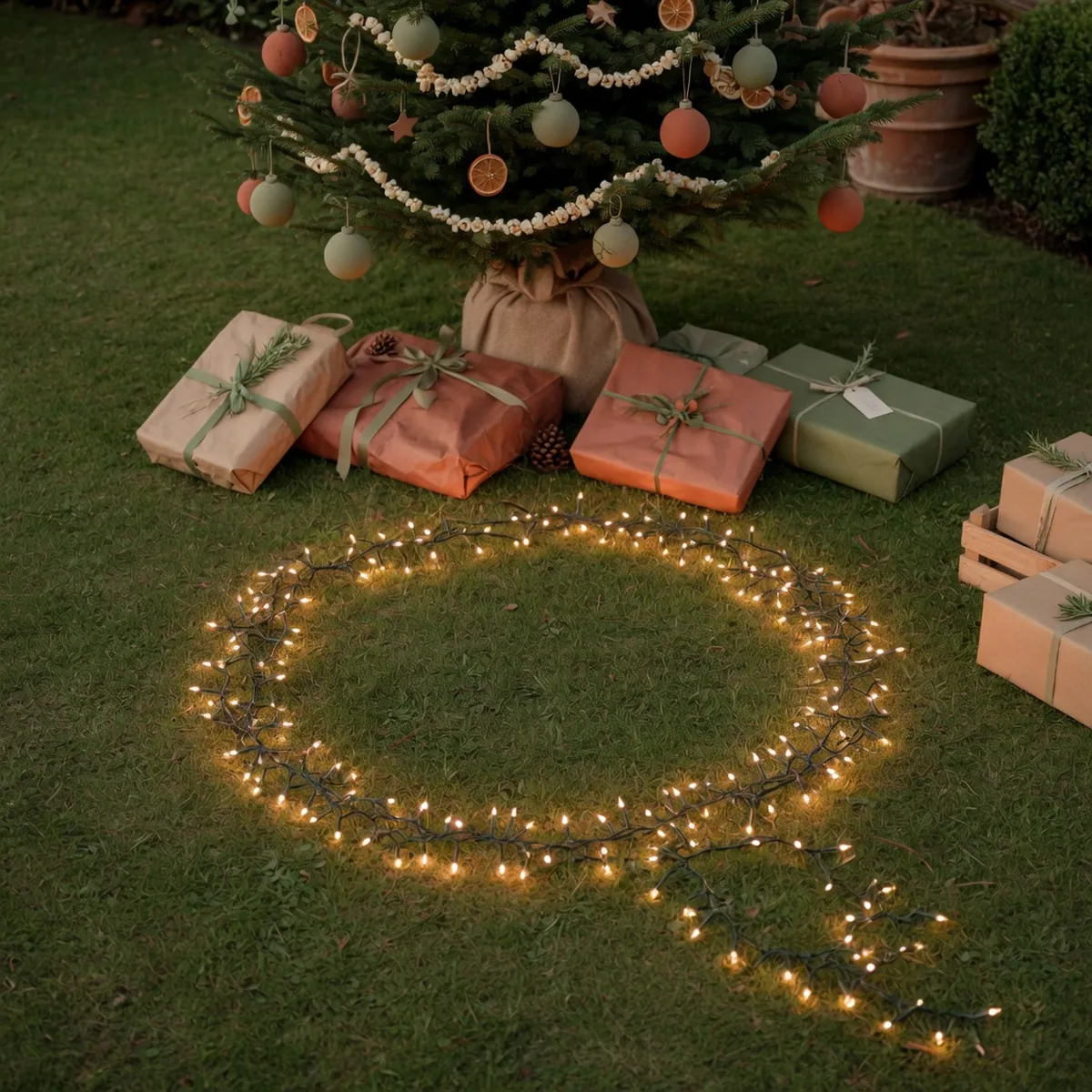 A circular arrangement of warm white string lights rests on the lawn beneath a Christmas tree.