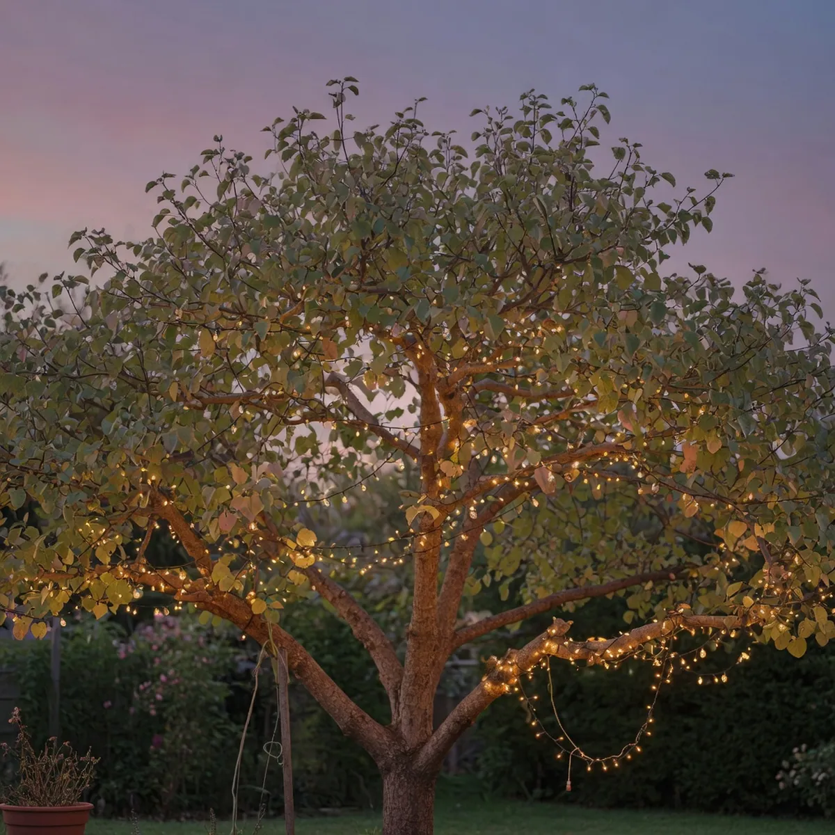 A large garden tree with branches gently draped in glowing string lights against a twilight sky.