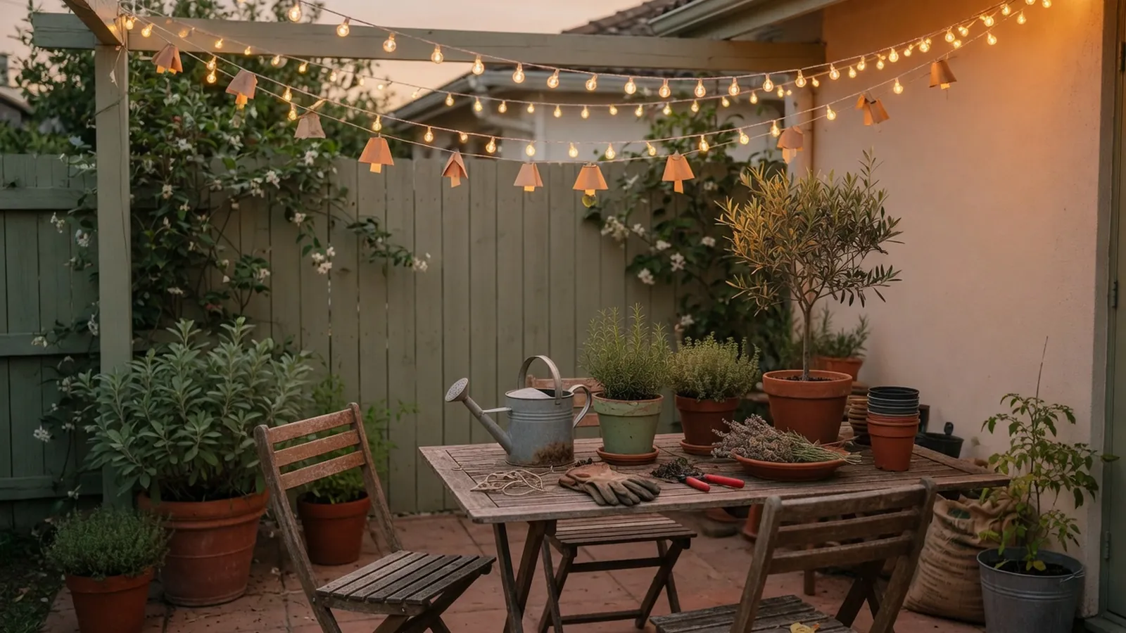 Warm string lights draped overhead illuminate a cozy garden patio at dusk.