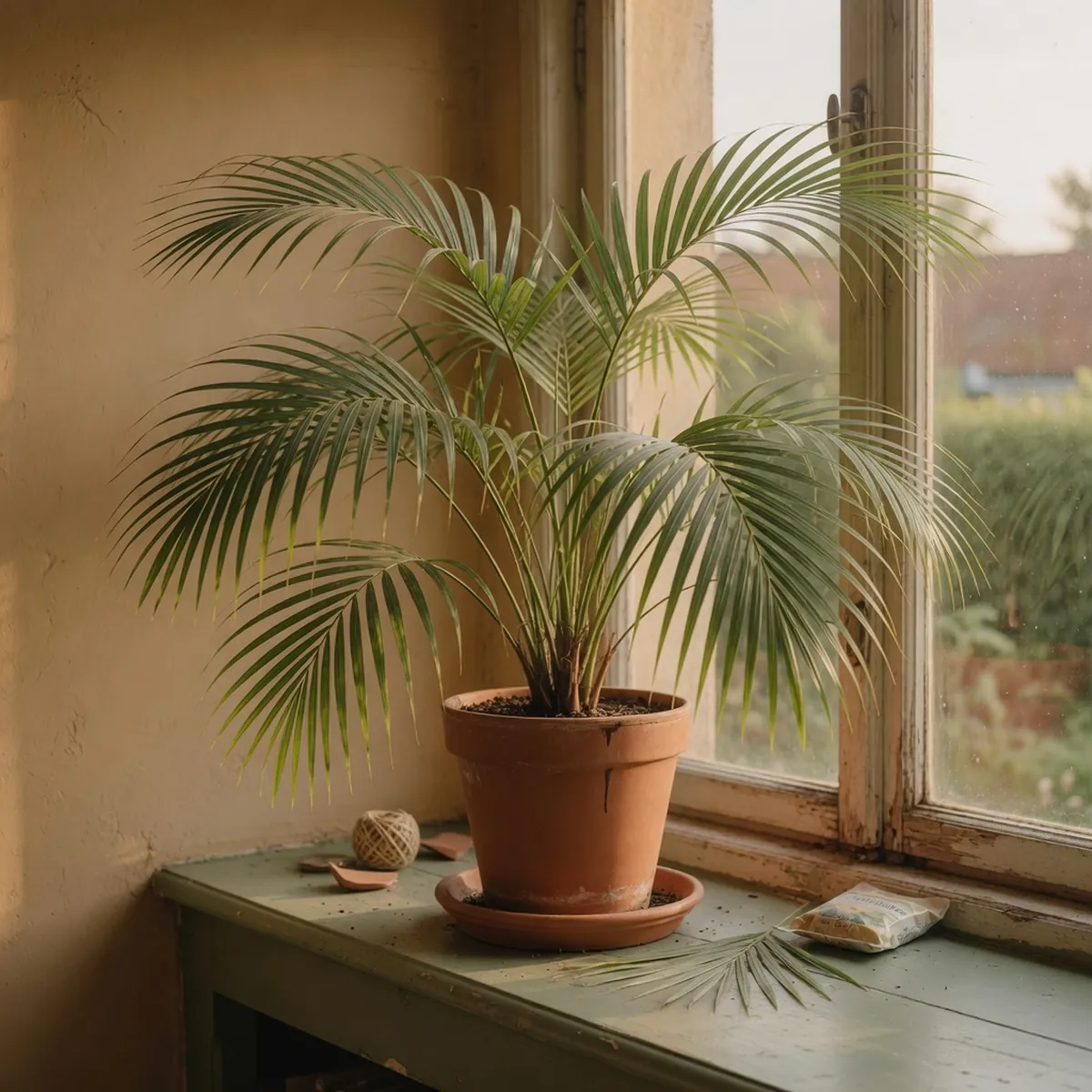 A healthy areca palm with arching, feathery fronds growing in a well-draining indoor pot.