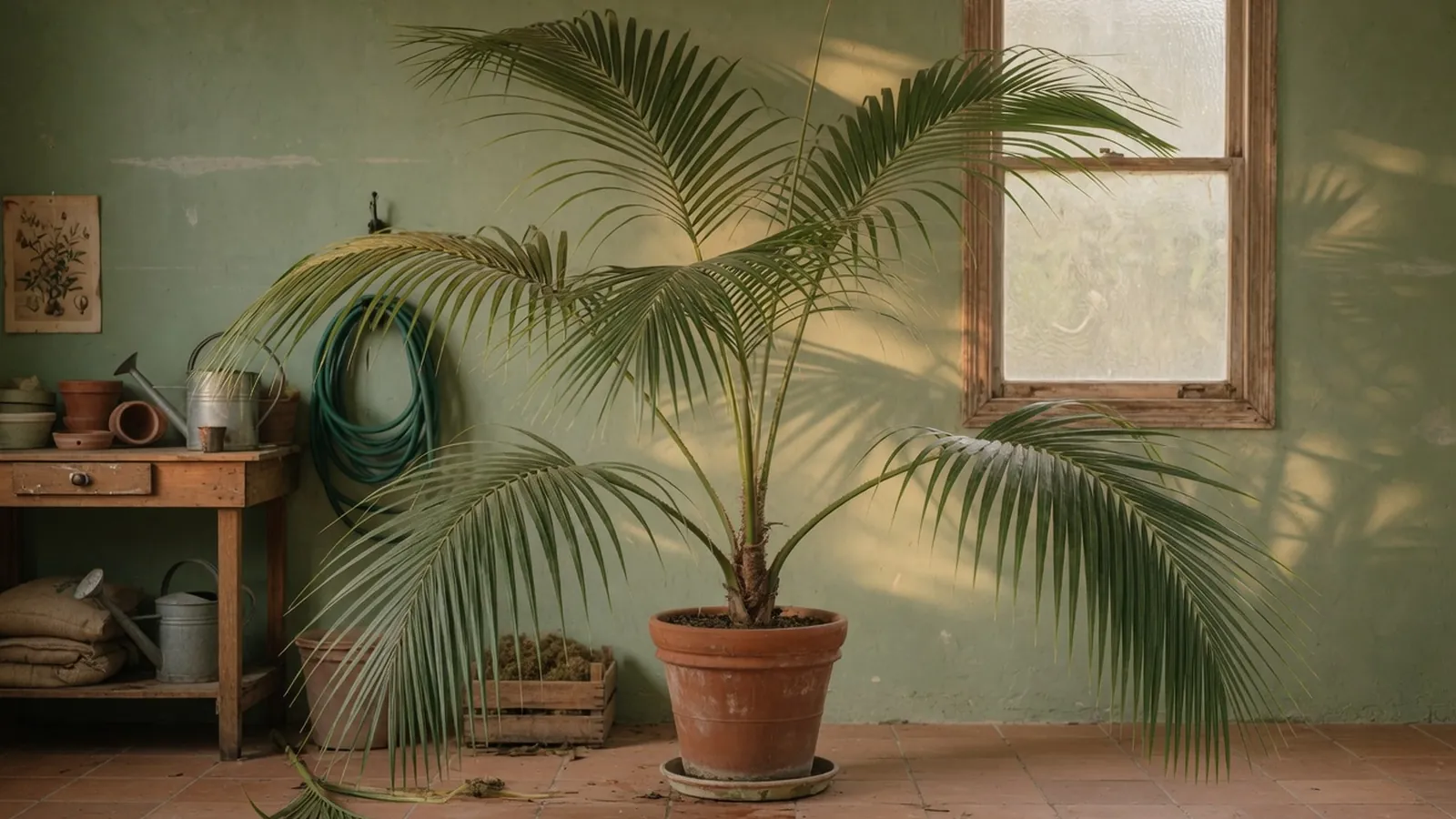 A vibrant indoor palm plant with full, arching fronds placed in a bright living space.