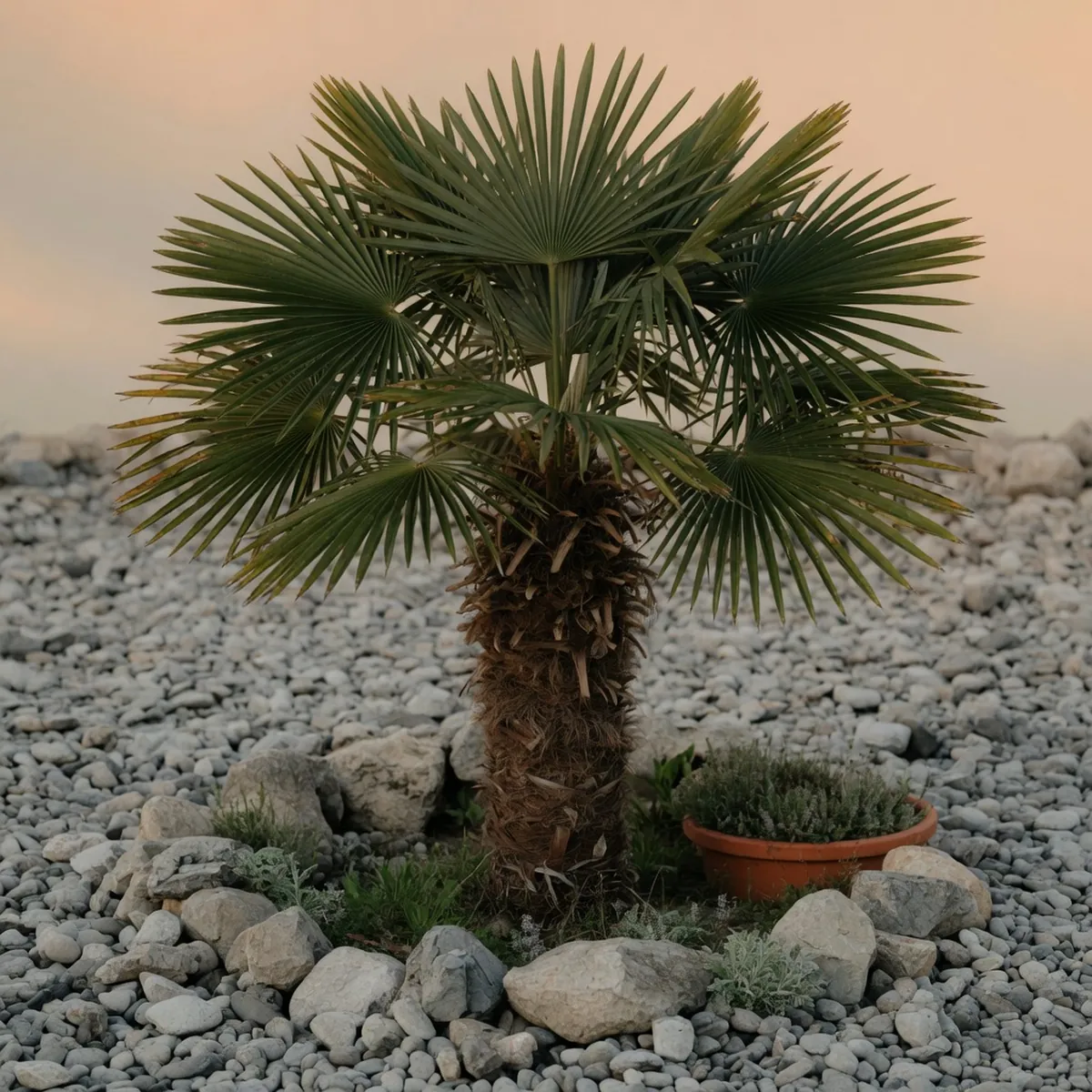 A short Windmill Palm tree with a thick fibrous trunk and fan-shaped leaves growing in a rocky garden bed.