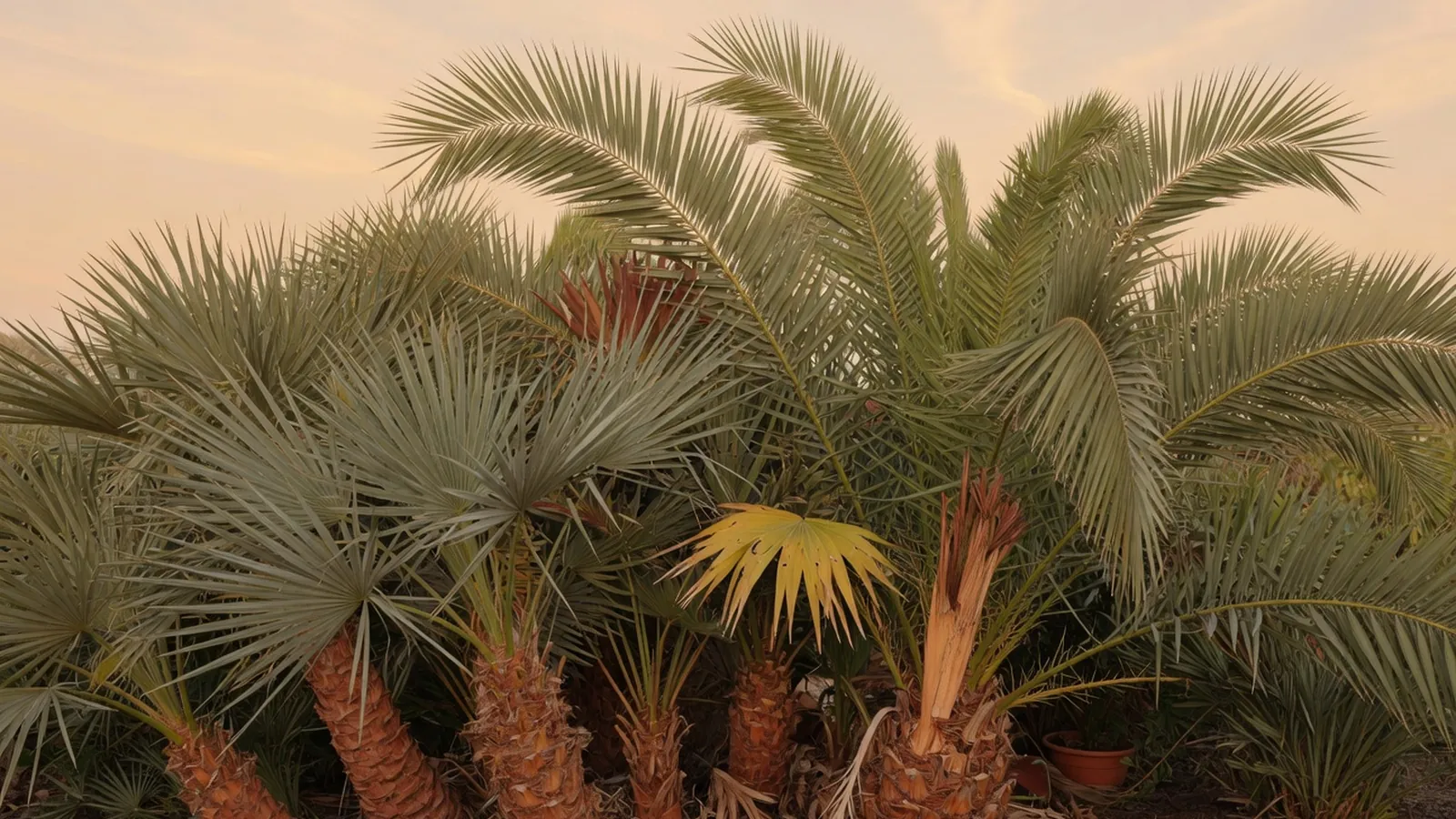 A vibrant cluster of palm fronds and trunks rising against a sunlit sky in a tropical garden.