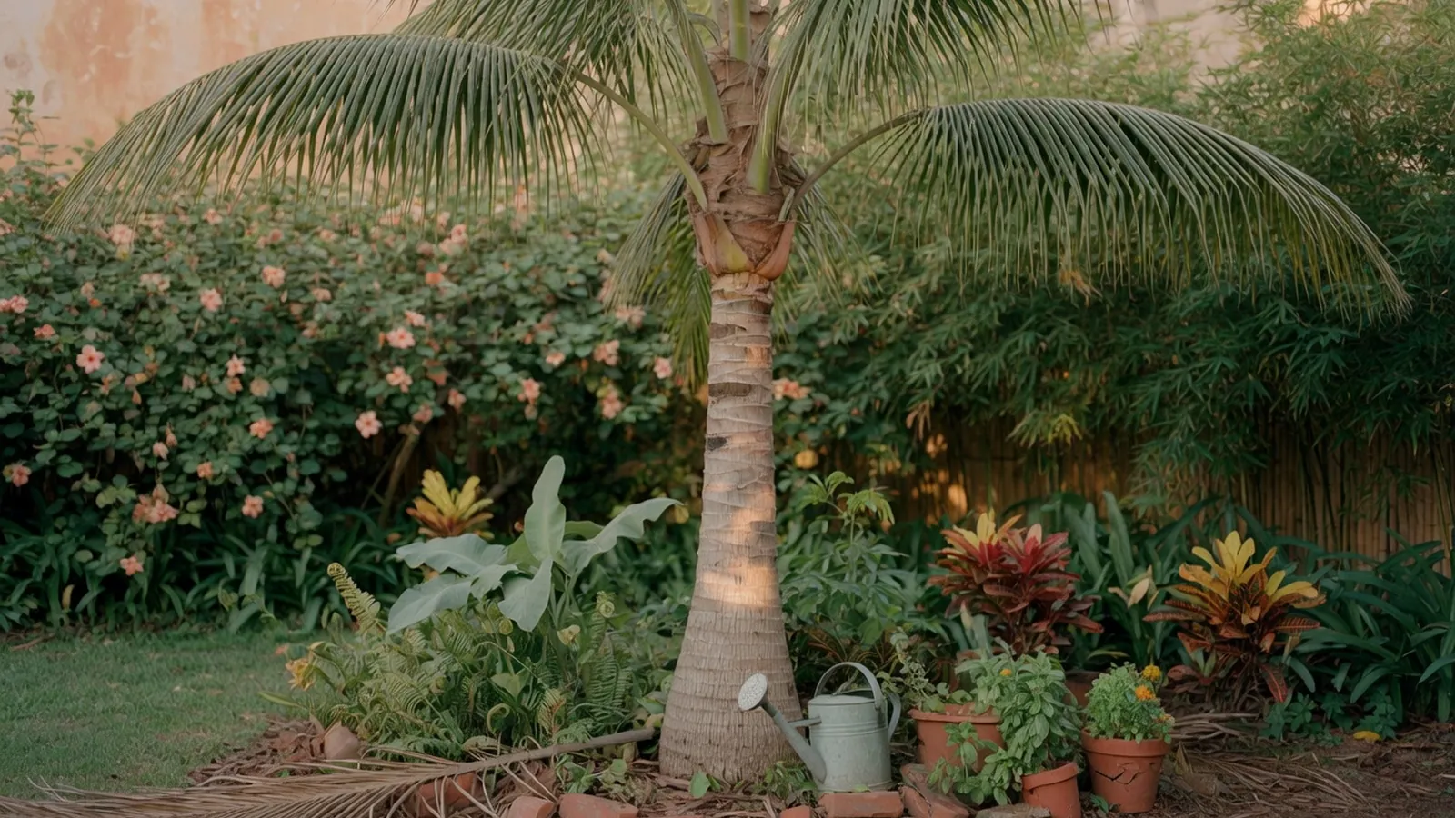 A tall palm tree with a slender trunk and a crown of arching fronds standing in a lush garden setting.