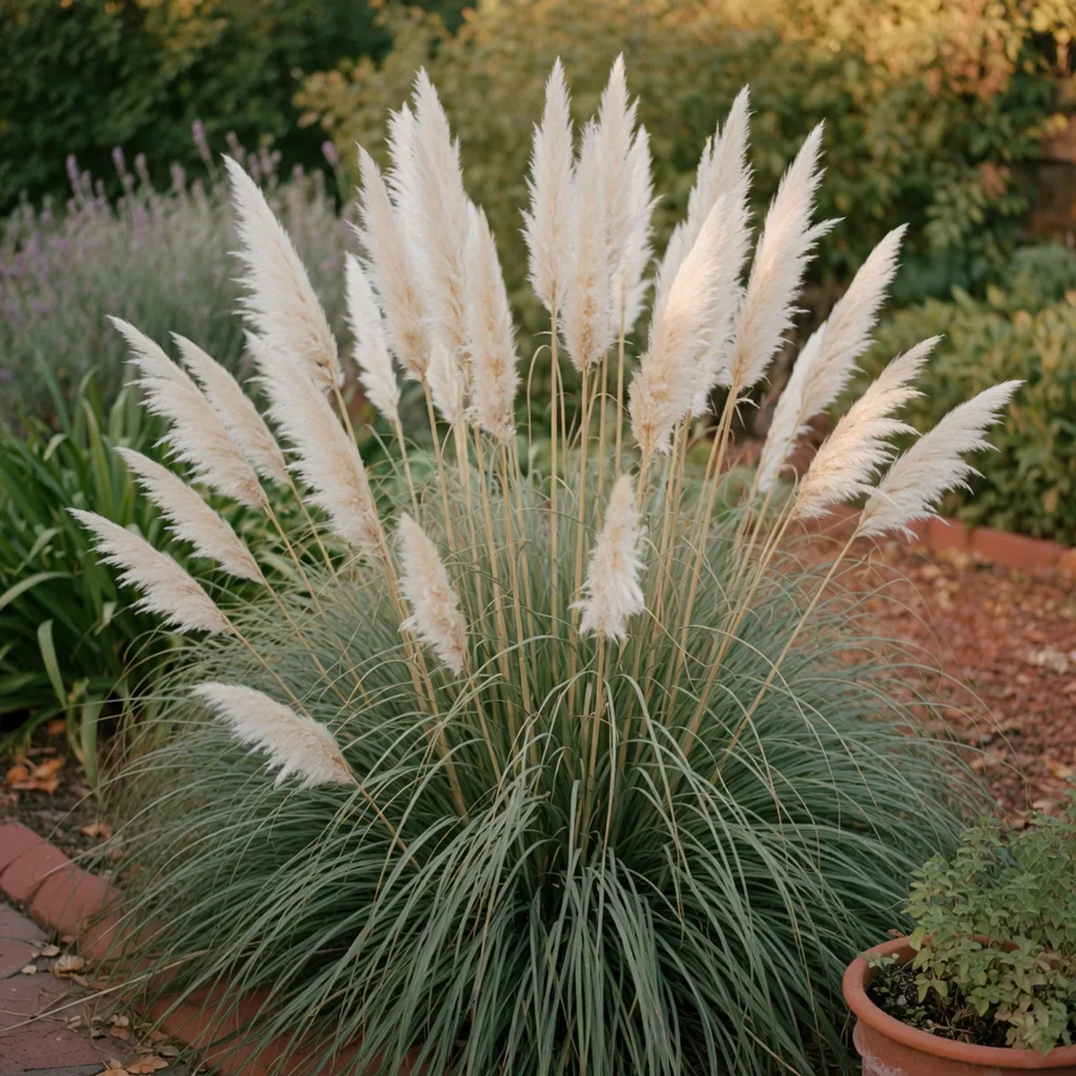 A tall clump of pampas grass with feathery white plumes growing in a sunny garden border.