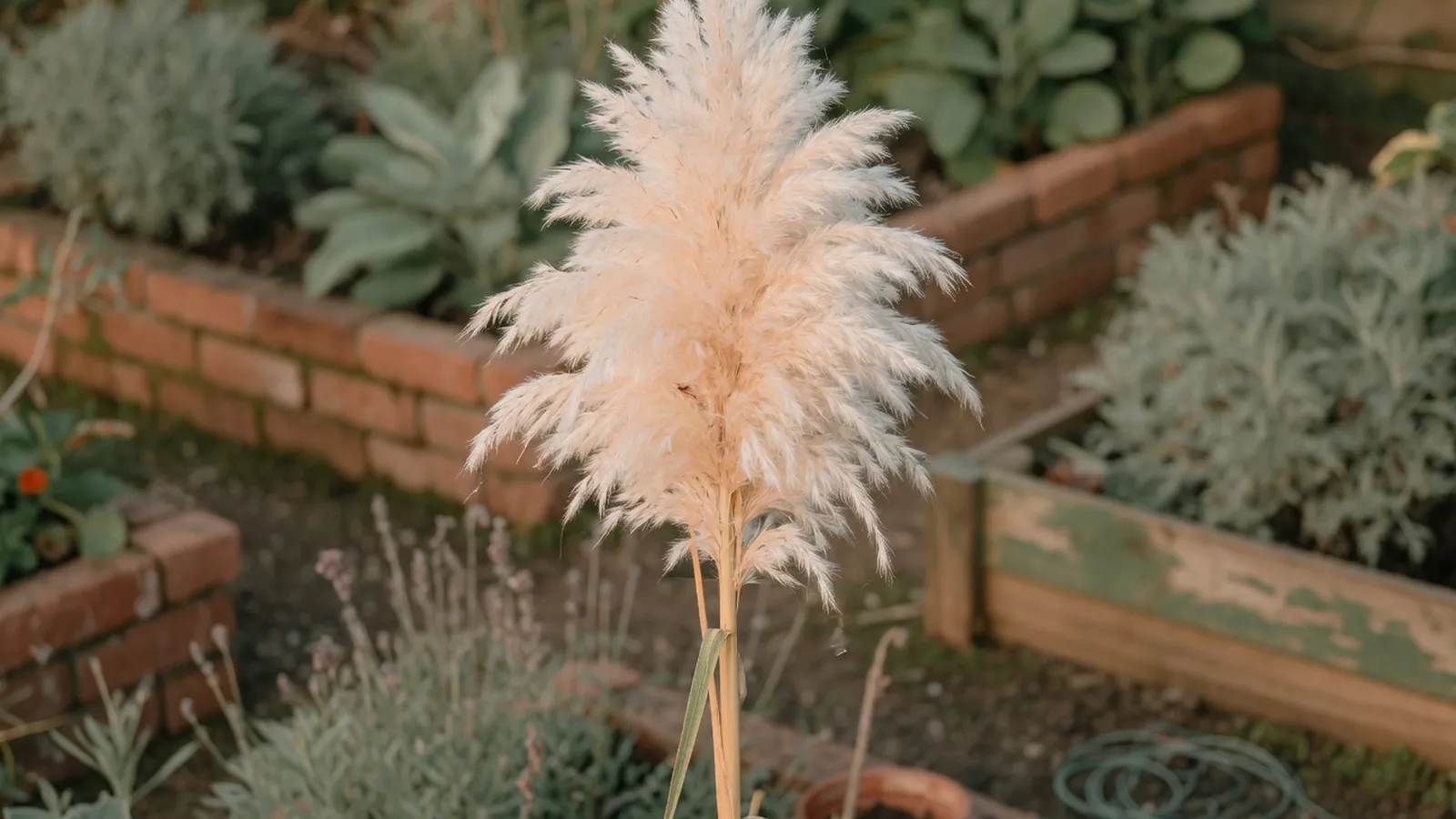 A close-up of a tall pampas grass stalk with a fluffy white plume in a garden.