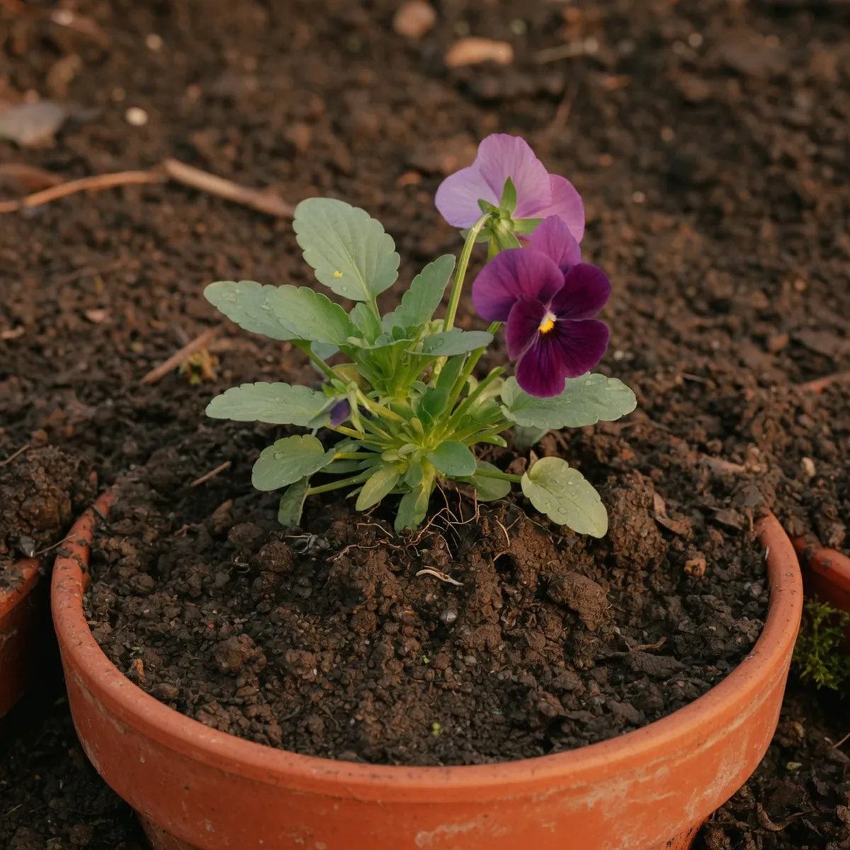 A close-up of moist soil around the base of a pansy plant with green leaves.