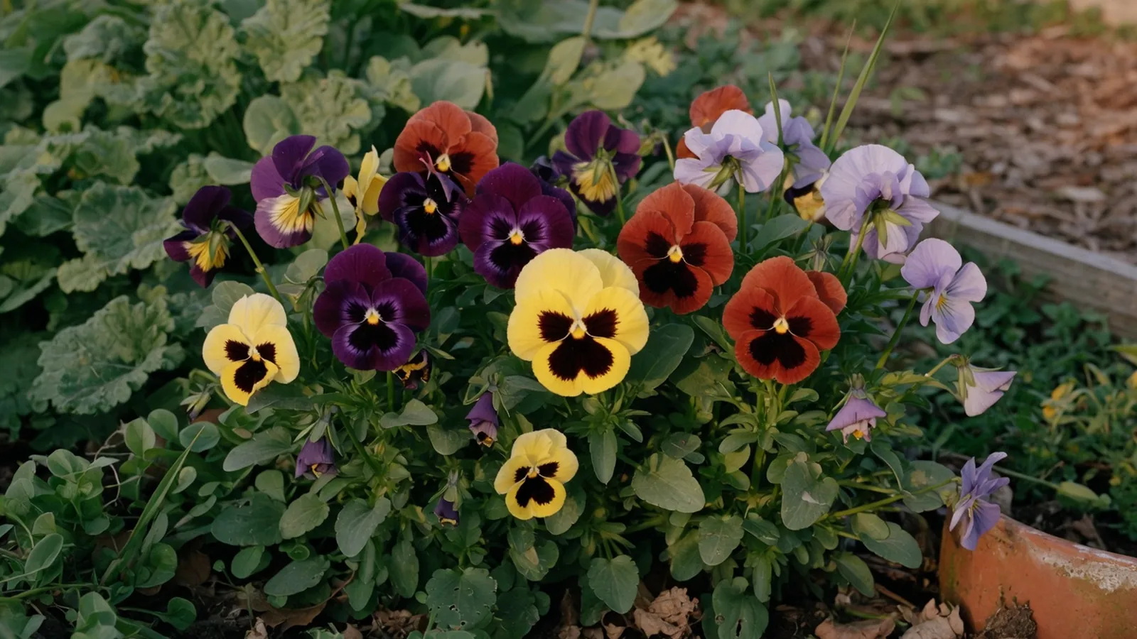 A cluster of colorful pansy flowers with dark facial markings blooming in a garden bed.