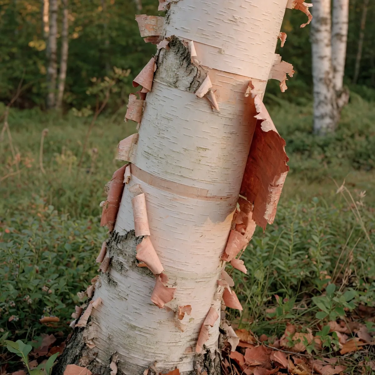 Close-up of peeling white bark on a mature paper birch trunk.
