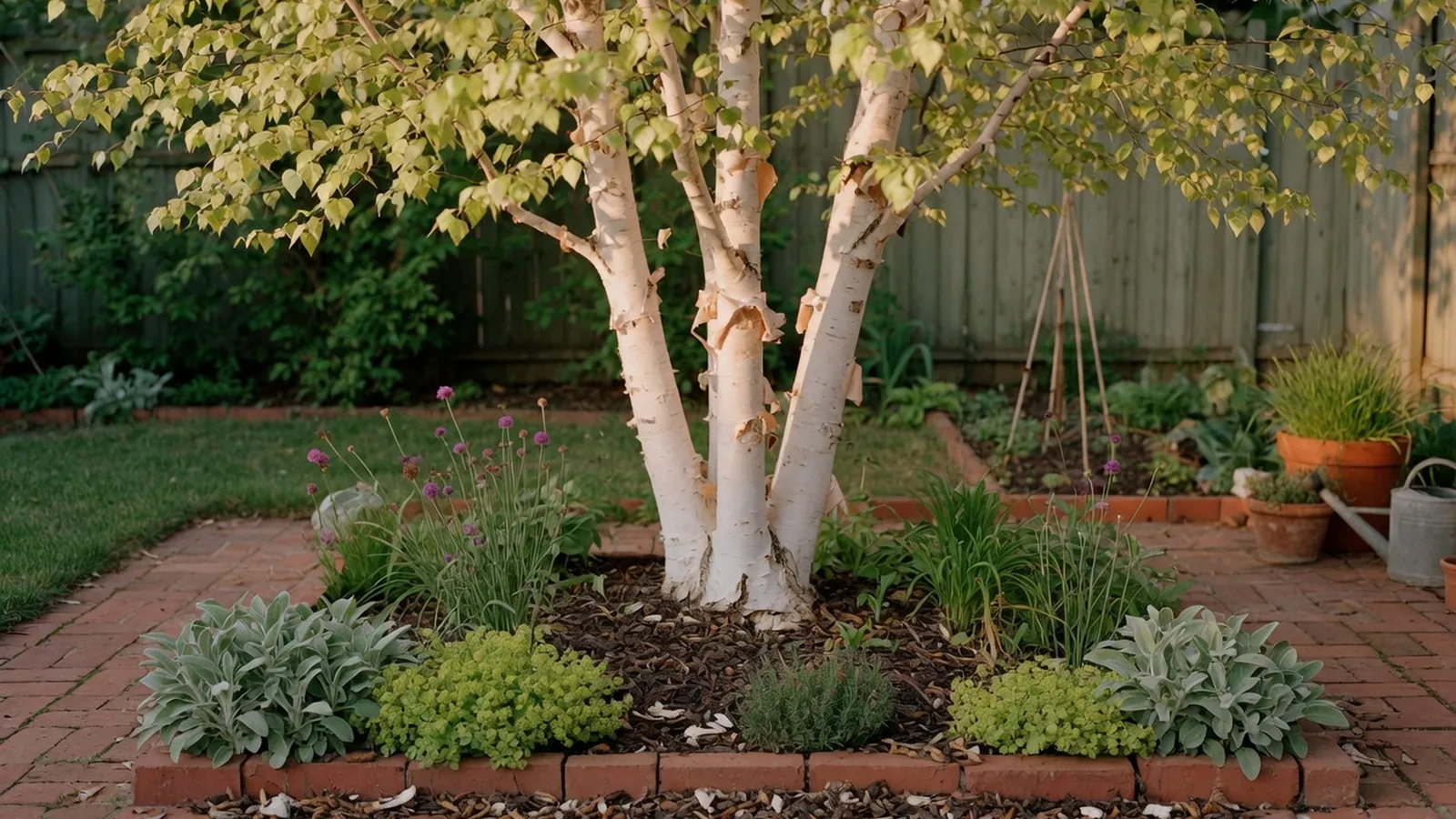 A full view of a paper birch tree standing in a sunlit garden with its characteristic white bark.