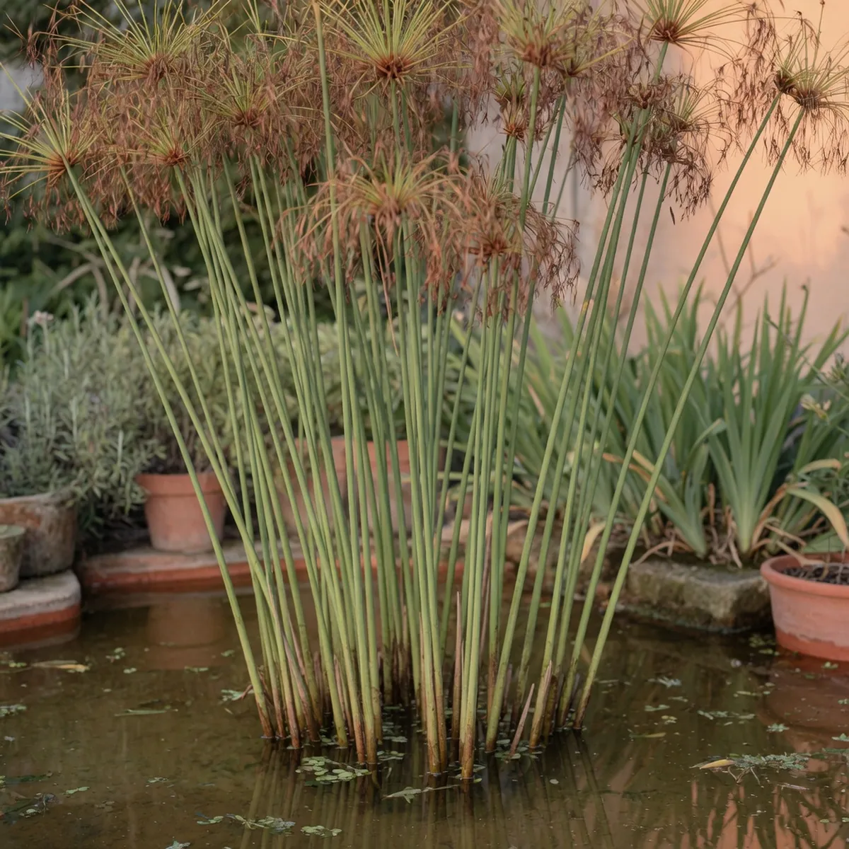 A cluster of papyrus stems with feathery brown flower spikes rising from shallow water.