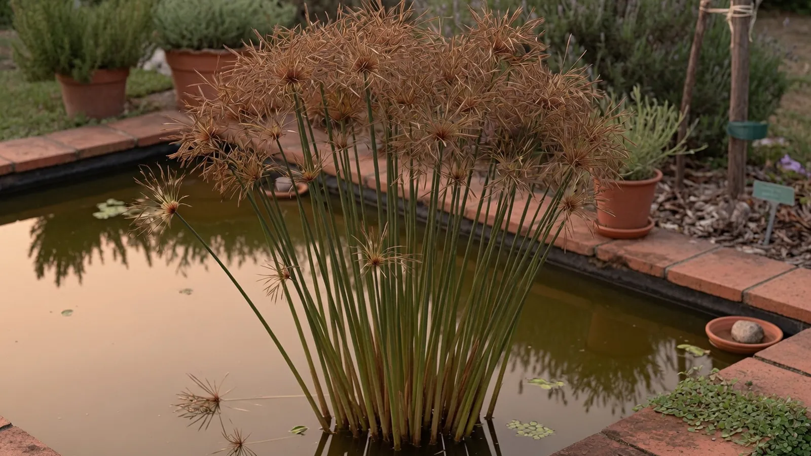 A mature papyrus plant with tall triangular stems and feathery brown flower clusters standing in a shallow garden pond.