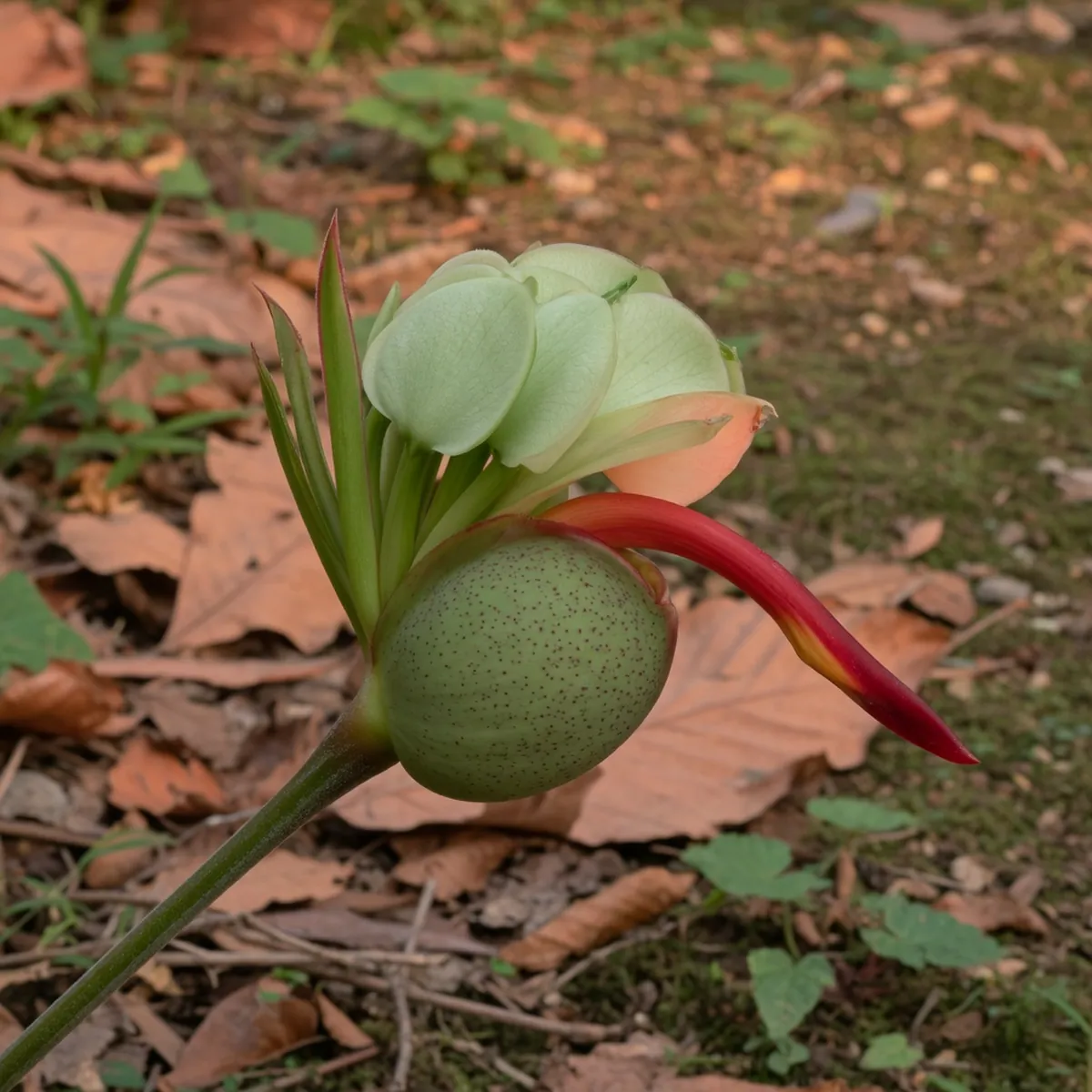 A close-up of a parrot flower displaying its light green orbicular sepals and bulbous lower sepal tapering into a carmine-tipped spur.