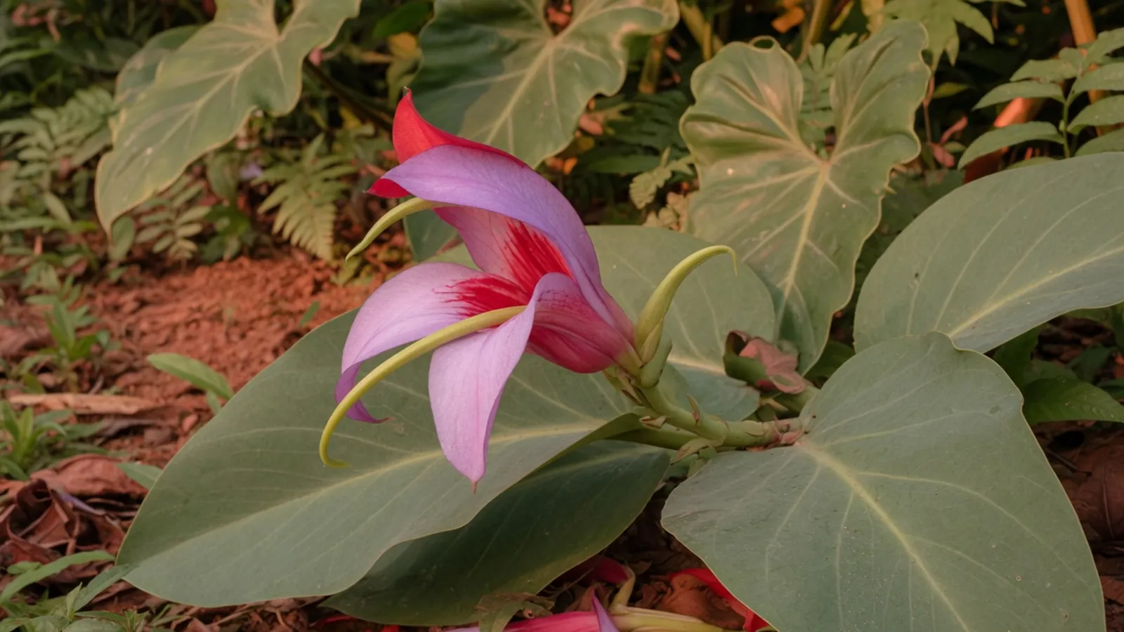 A light purple and carmine red parrot flower with a distinctive hooked spur, set against a soft-focus tropical forest background.