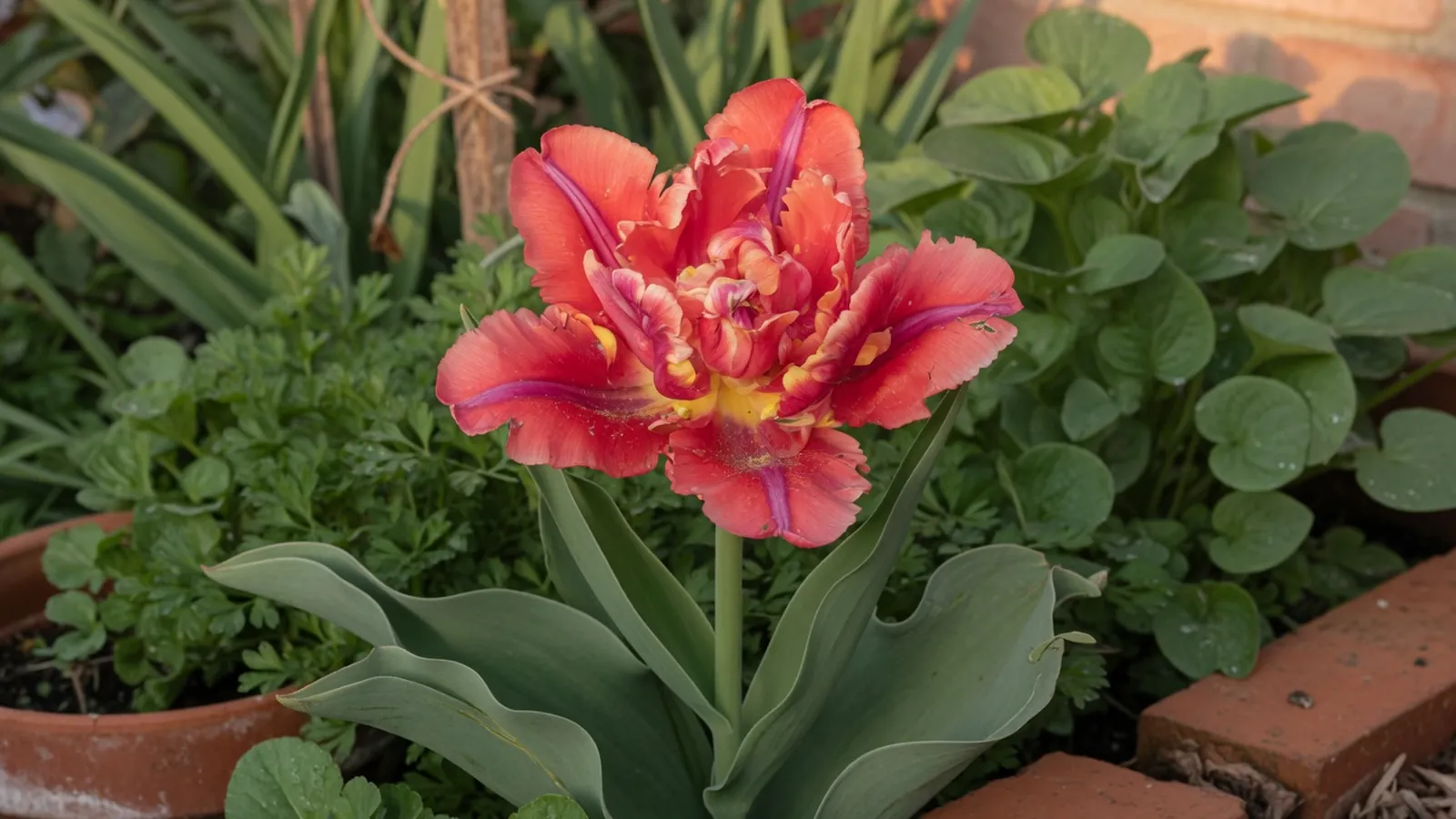 A vibrant parrot tulip in full bloom surrounded by lush green foliage in a garden setting.