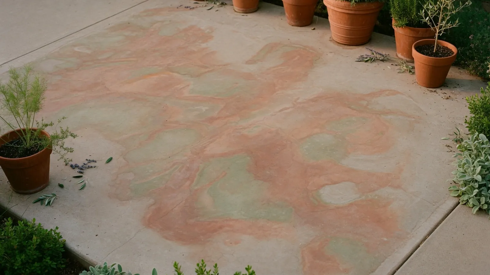 A smooth concrete patio surface displaying an earthy marbled stain pattern bordered by terracotta pots and green foliage.