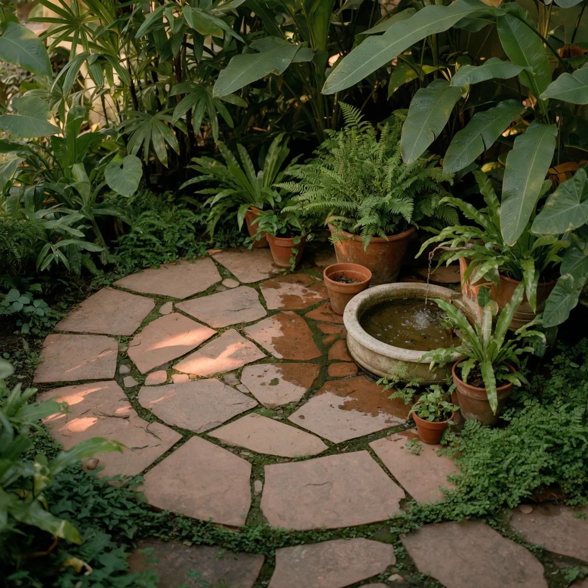 A circular stone patio surrounded by lush tropical foliage and potted ferns with a small bubbling fountain.