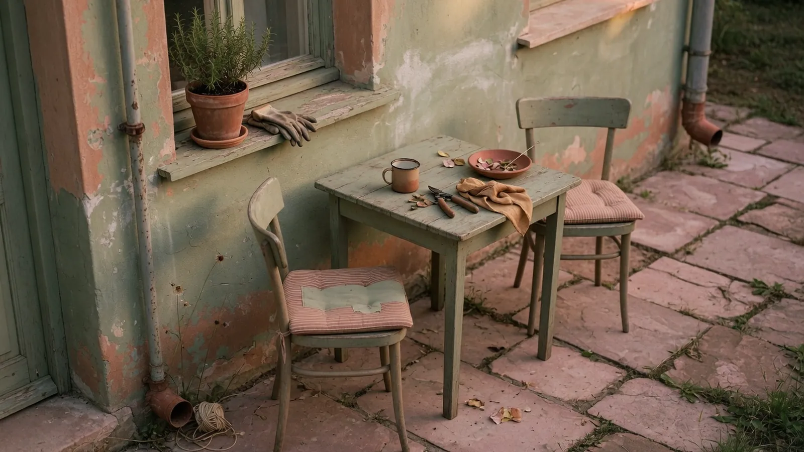 A paved stone patio adjacent to a house wall, furnished with a small table and two cushioned chairs.