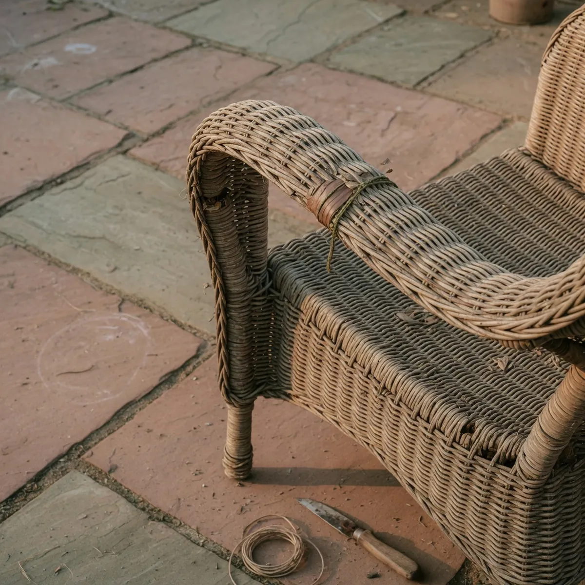 A close-up of a weathered wicker chair arm being wiped with a soft damp cloth.