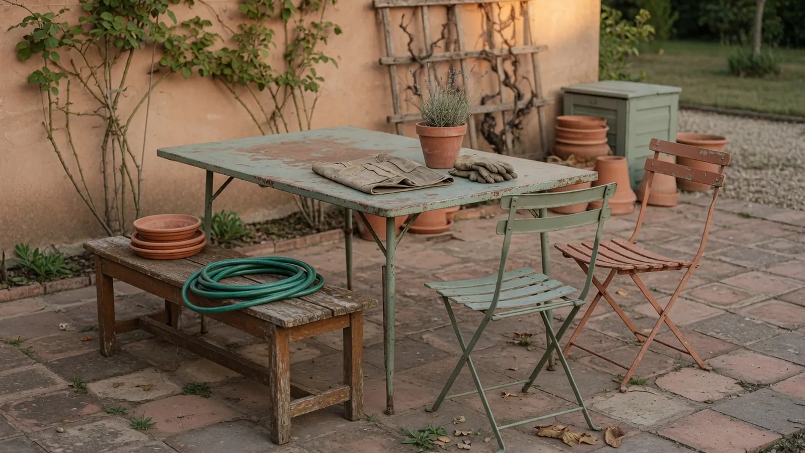 A collection of well-used outdoor patio furniture arranged on a paved terrace, showing signs of weathering that require maintenance.