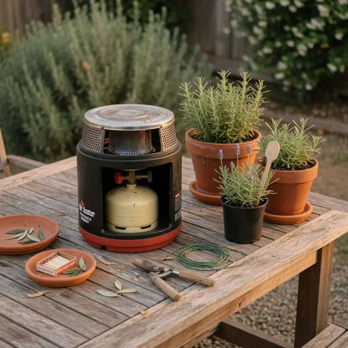 A compact tabletop propane heater rests securely on a wooden outdoor dining table.