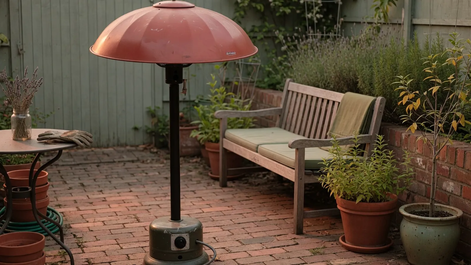 A freestanding propane patio heater with a large reflector dome stands on a paved outdoor patio.