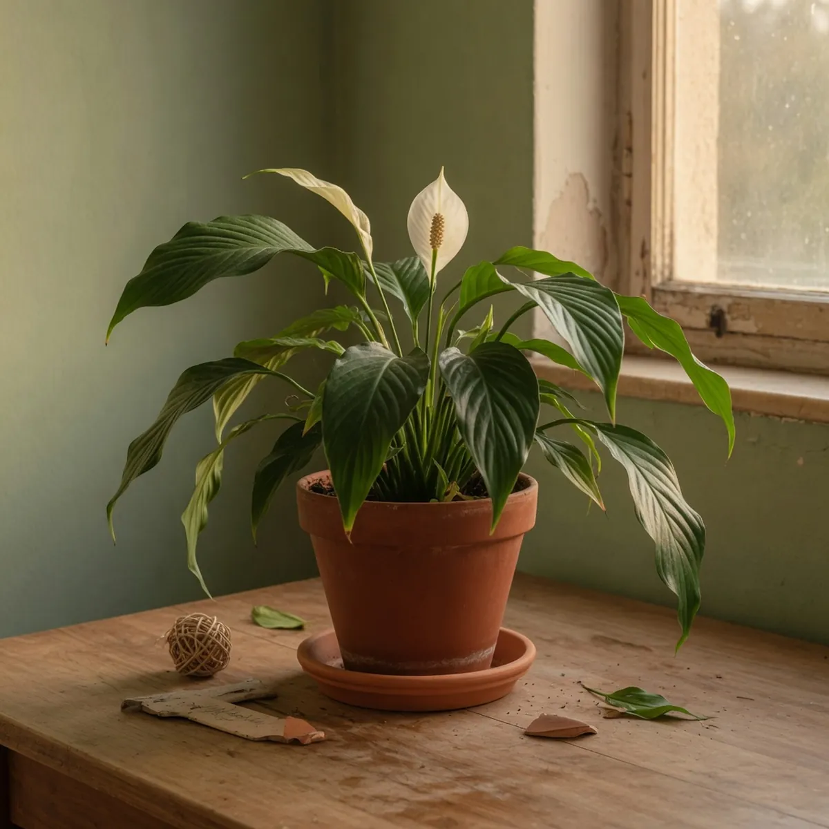 A potted peace lily with several glossy green leaves drooping downwards in a well-lit room.