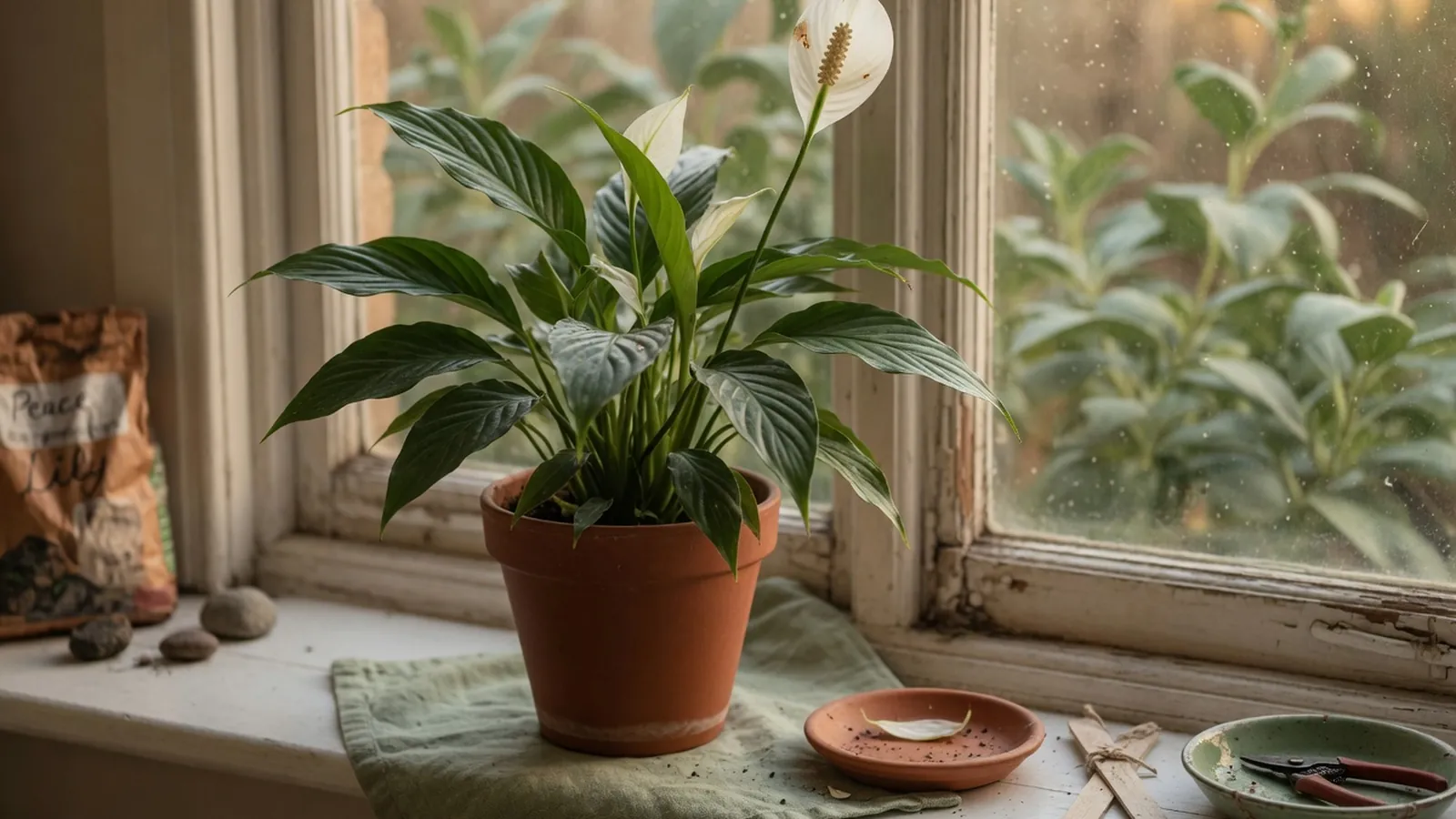 A healthy peace lily plant displaying vibrant dark green foliage and a prominent white spathe flower.