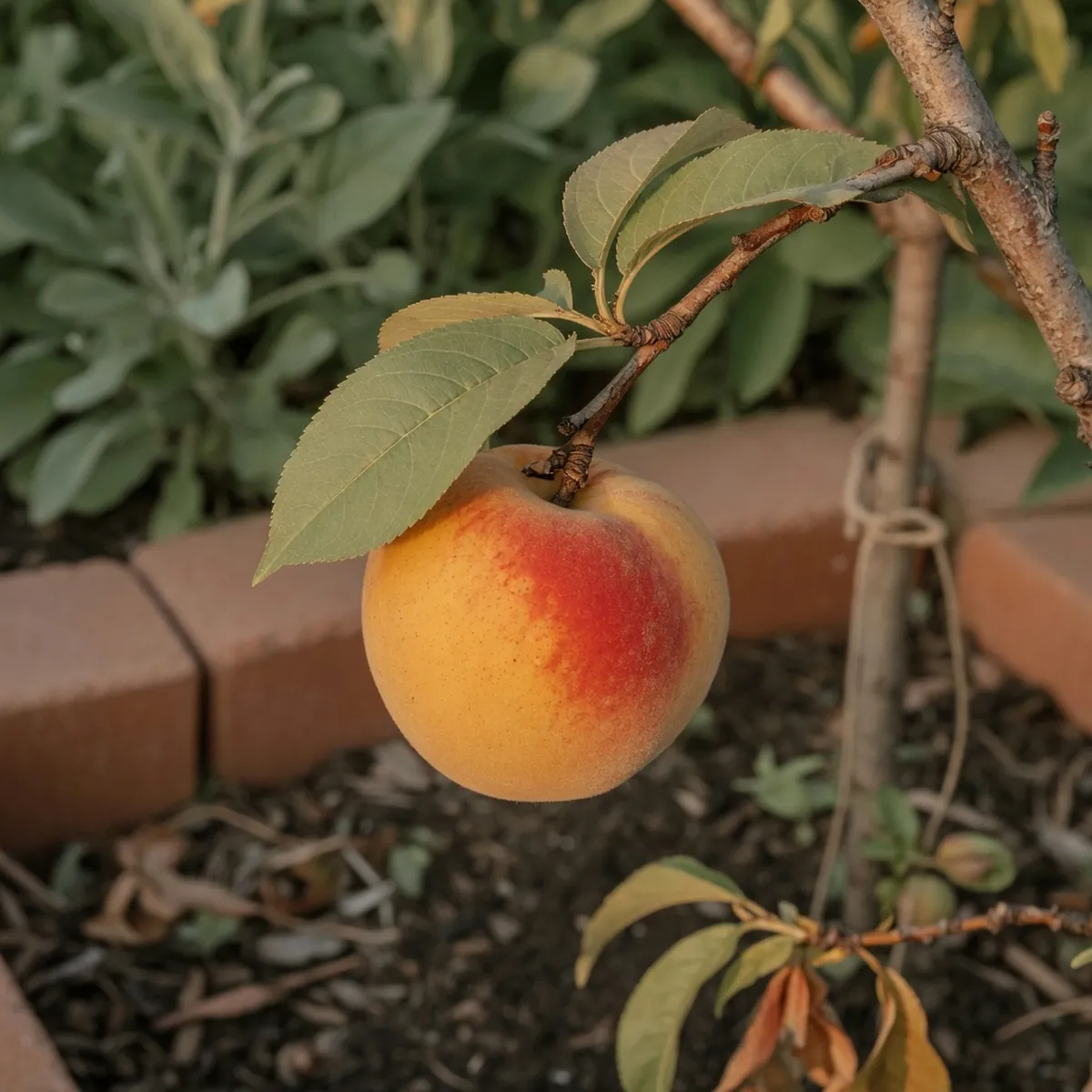 A ripe peach with golden-yellow skin and a red blush hanging from a leafy branch.