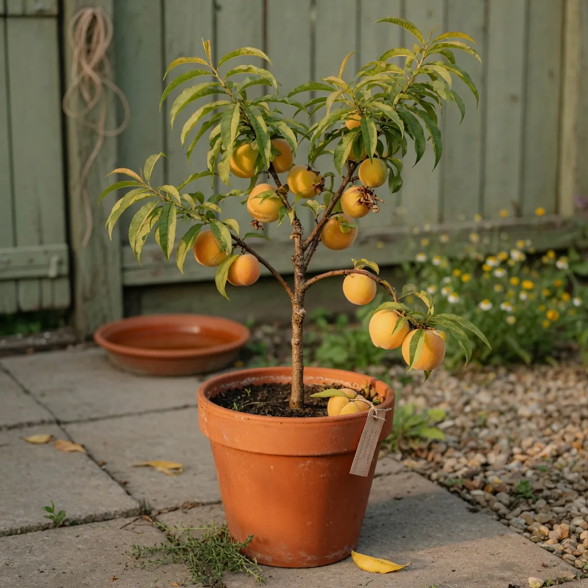 A small peach tree with golden-yellow fruit growing in a garden pot.