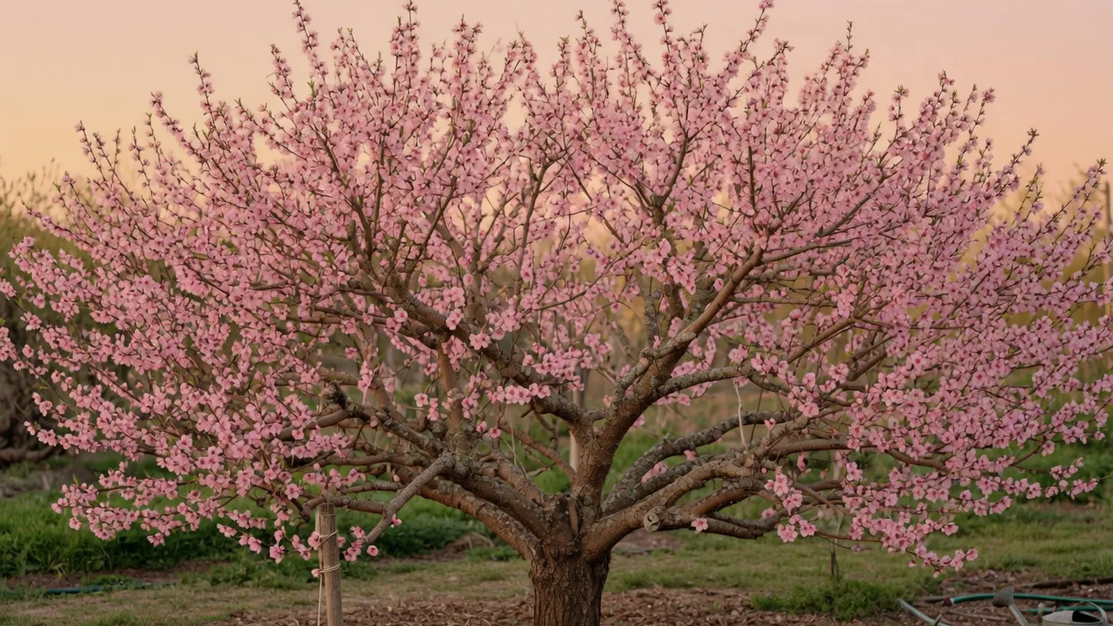 A mature peach tree in full bloom with delicate pink flowers against a clear sky.
