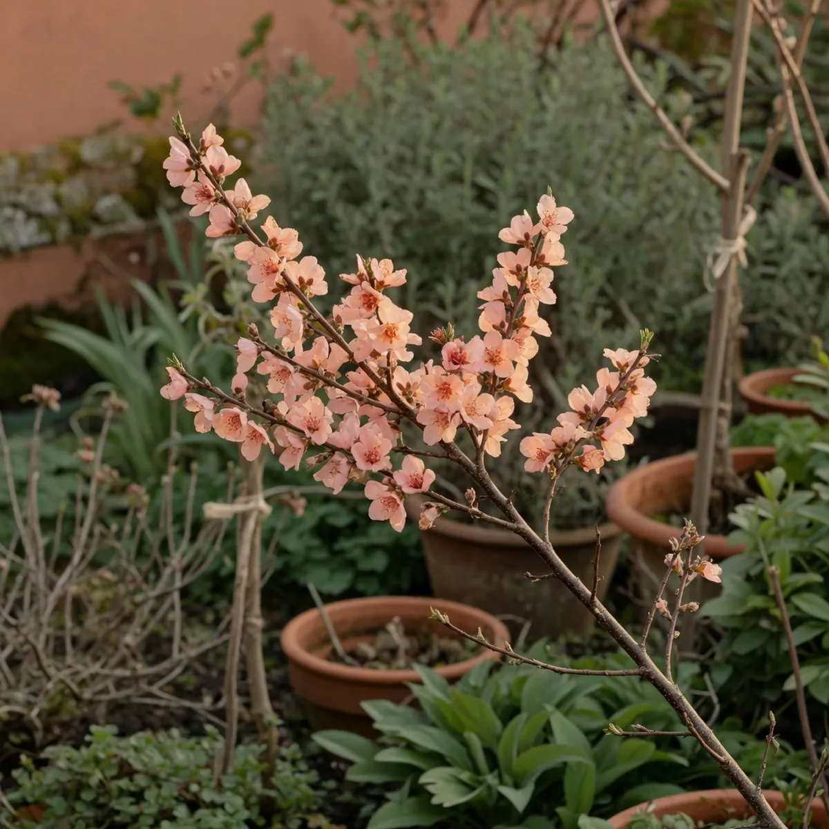 A cluster of delicate pink peach blossoms on a bare branch against a soft-focus green garden background.